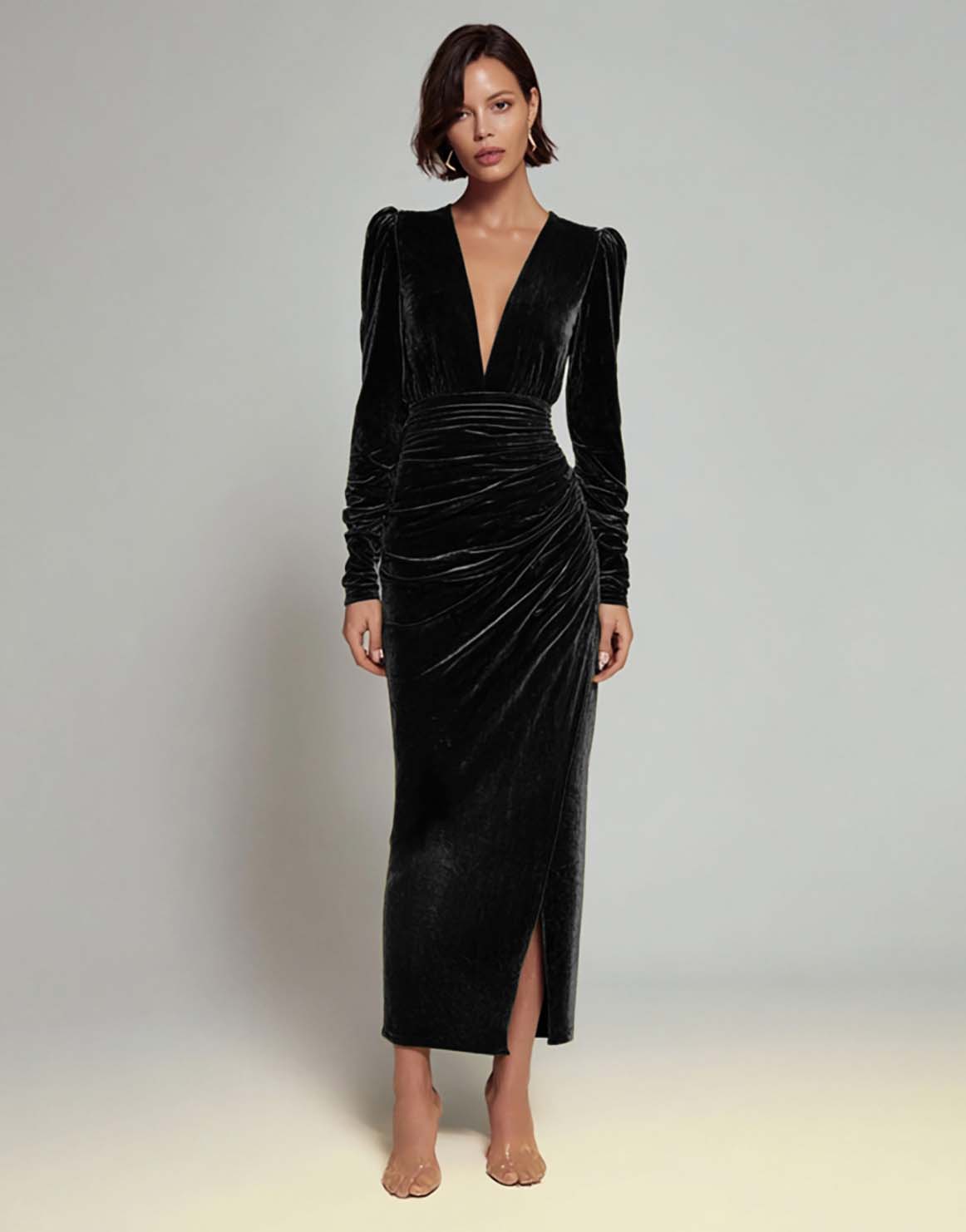 Olive Velvet Ruched Sheath Formal Dress with Long Sleeves