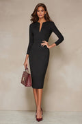Black Bodycon 3/4 Sleeve Midi Work Dress