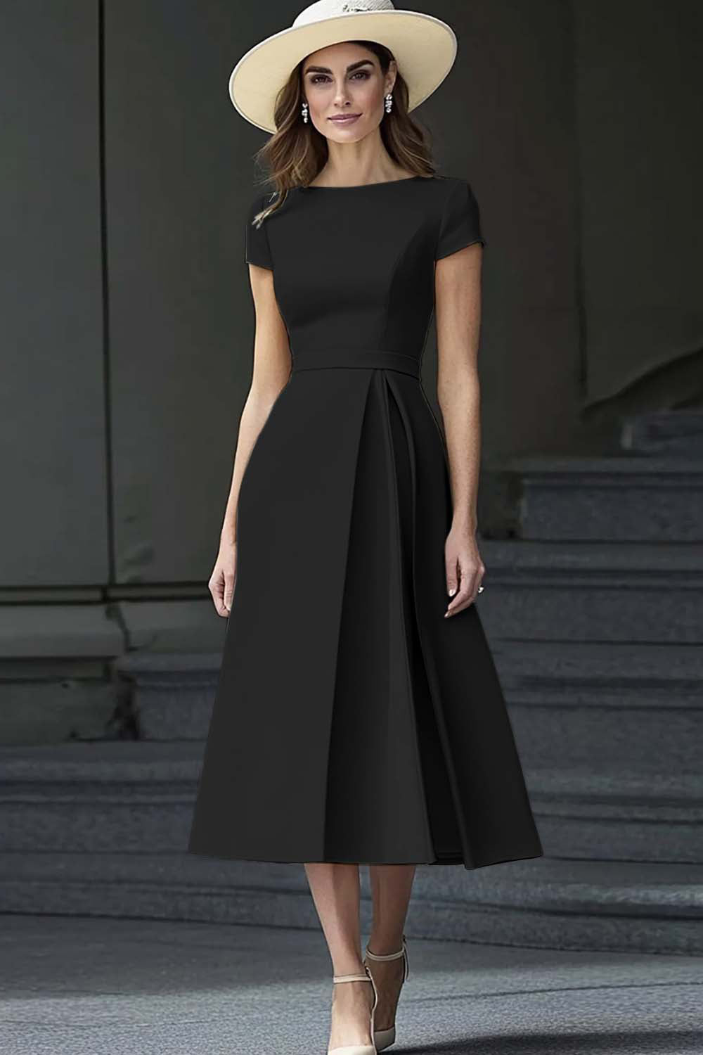 Yellow A Line Round Neck Midi Mother of the Bride Dress