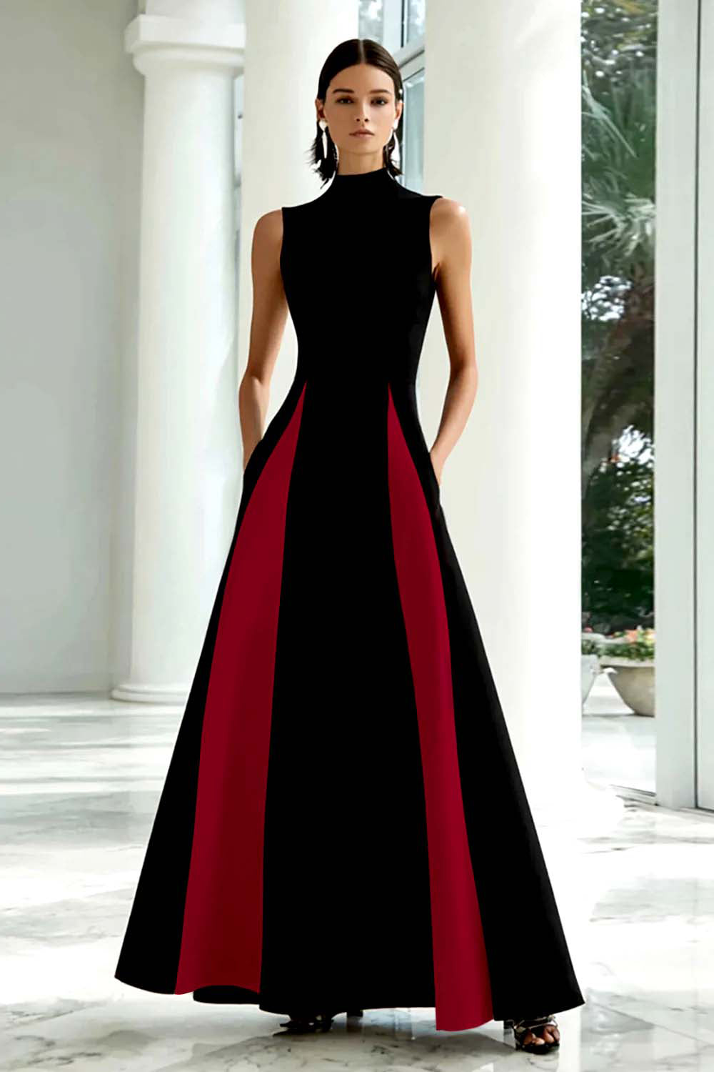 Black and White A-Line High Neck Long Formal Dress