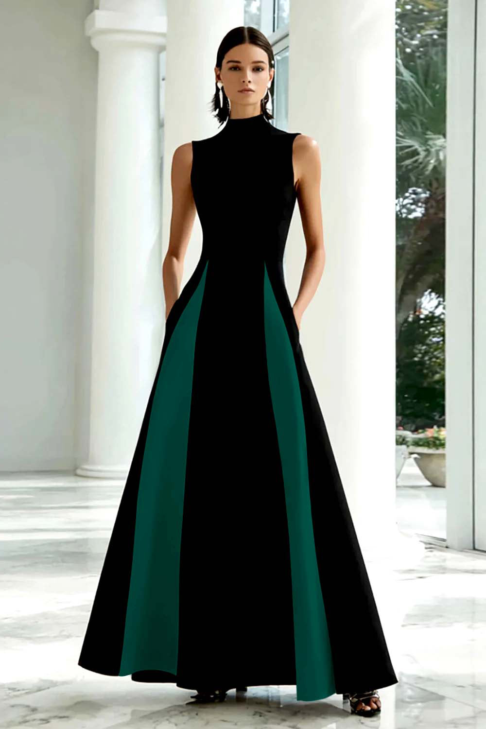 Black and White A-Line High Neck Long Formal Dress