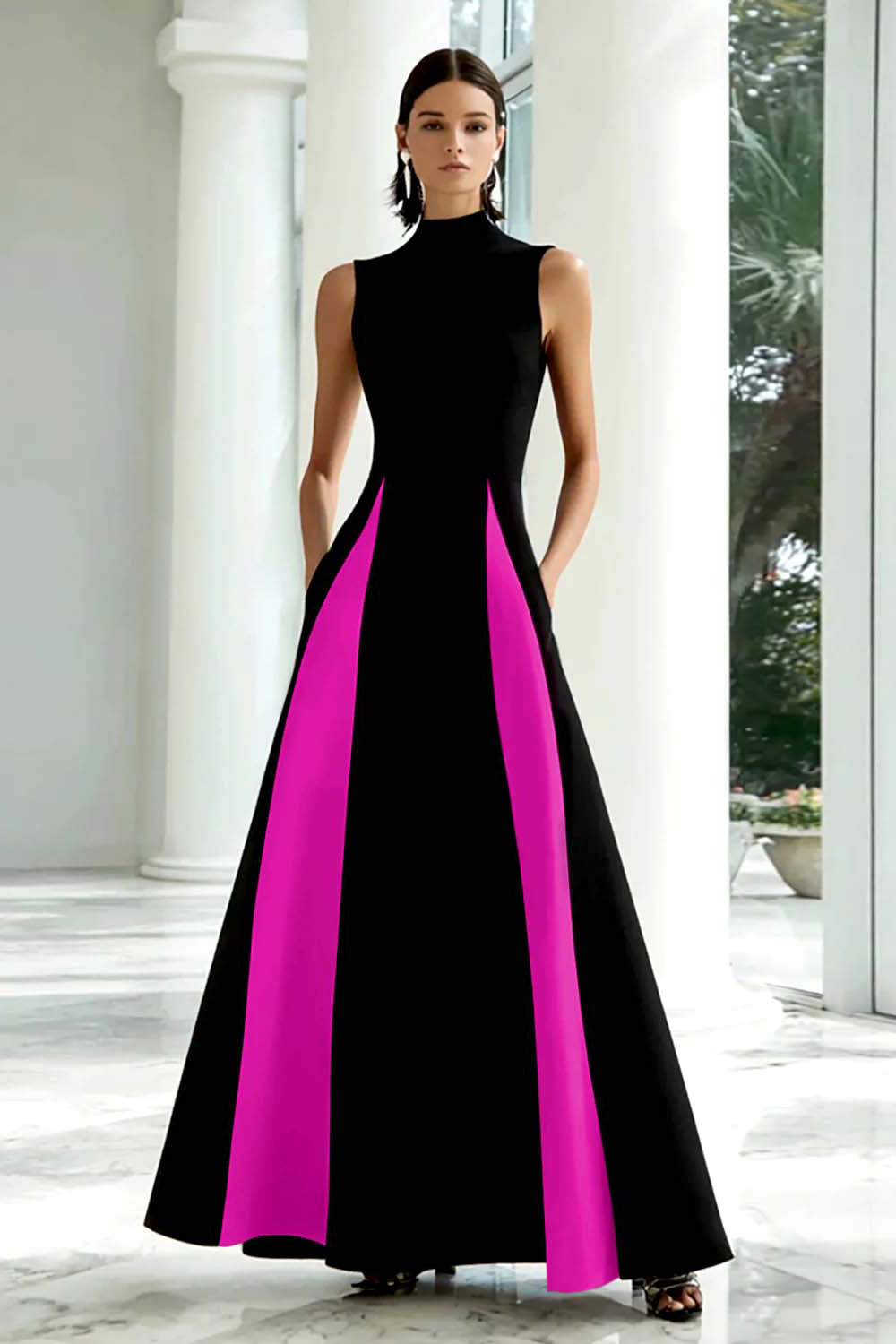 Black and White A-Line High Neck Long Formal Dress