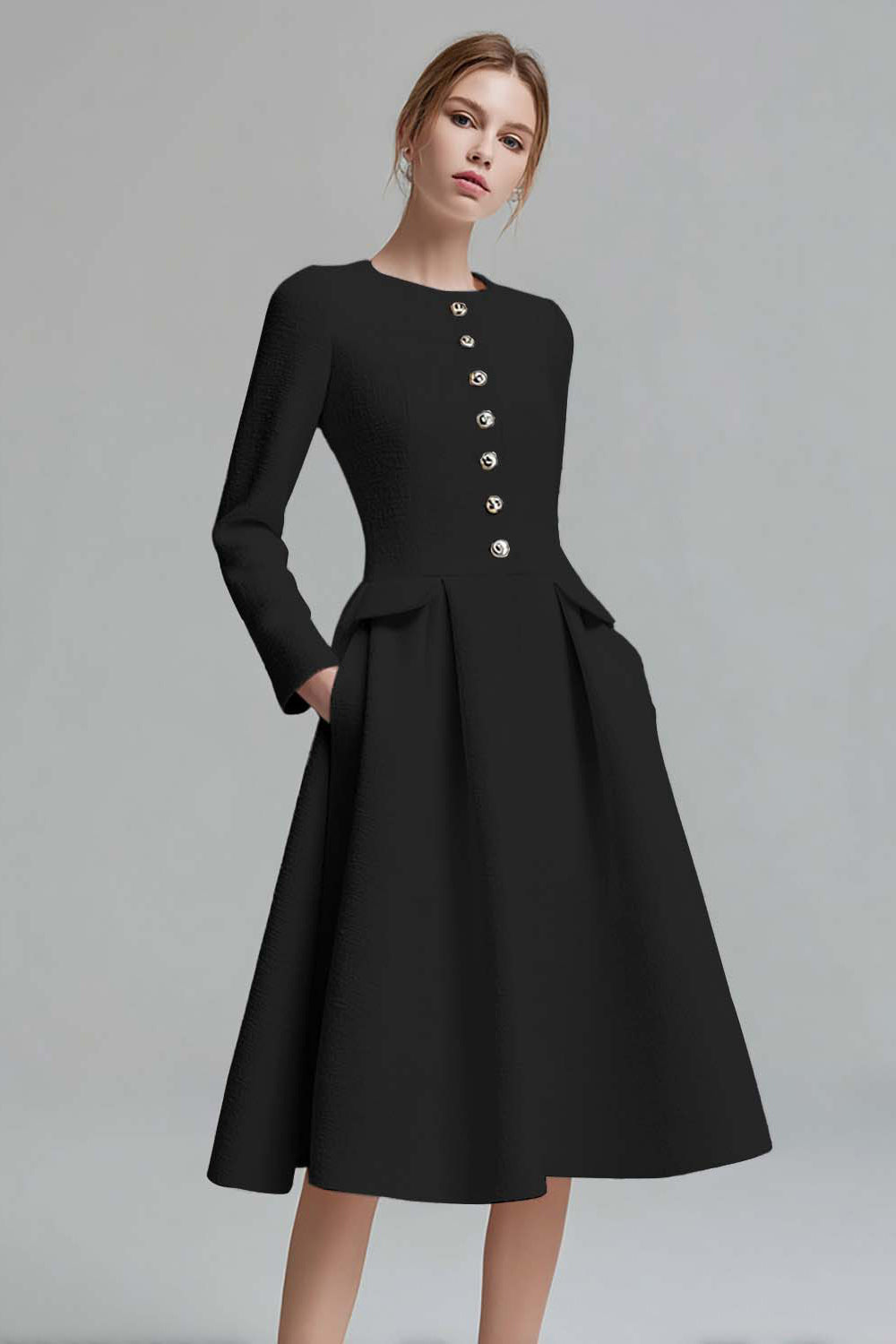 Ivory A-Line Midi Work Dress with Long Sleeves