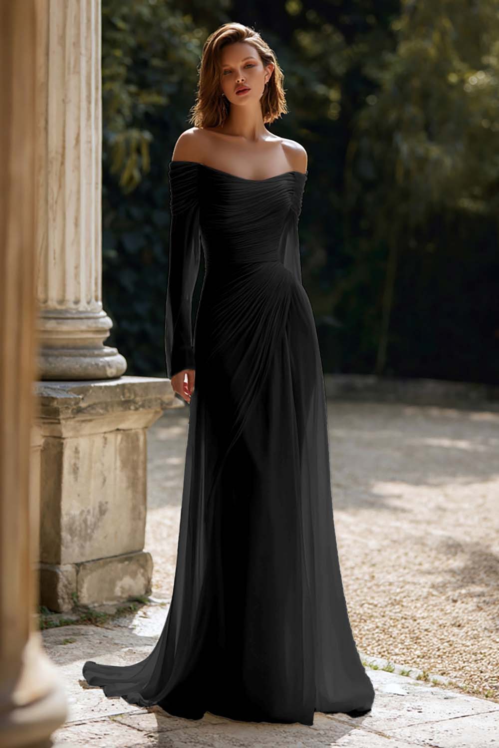 Ivory Ruched Long Sleeve Off The Shoulder Engagement Dress