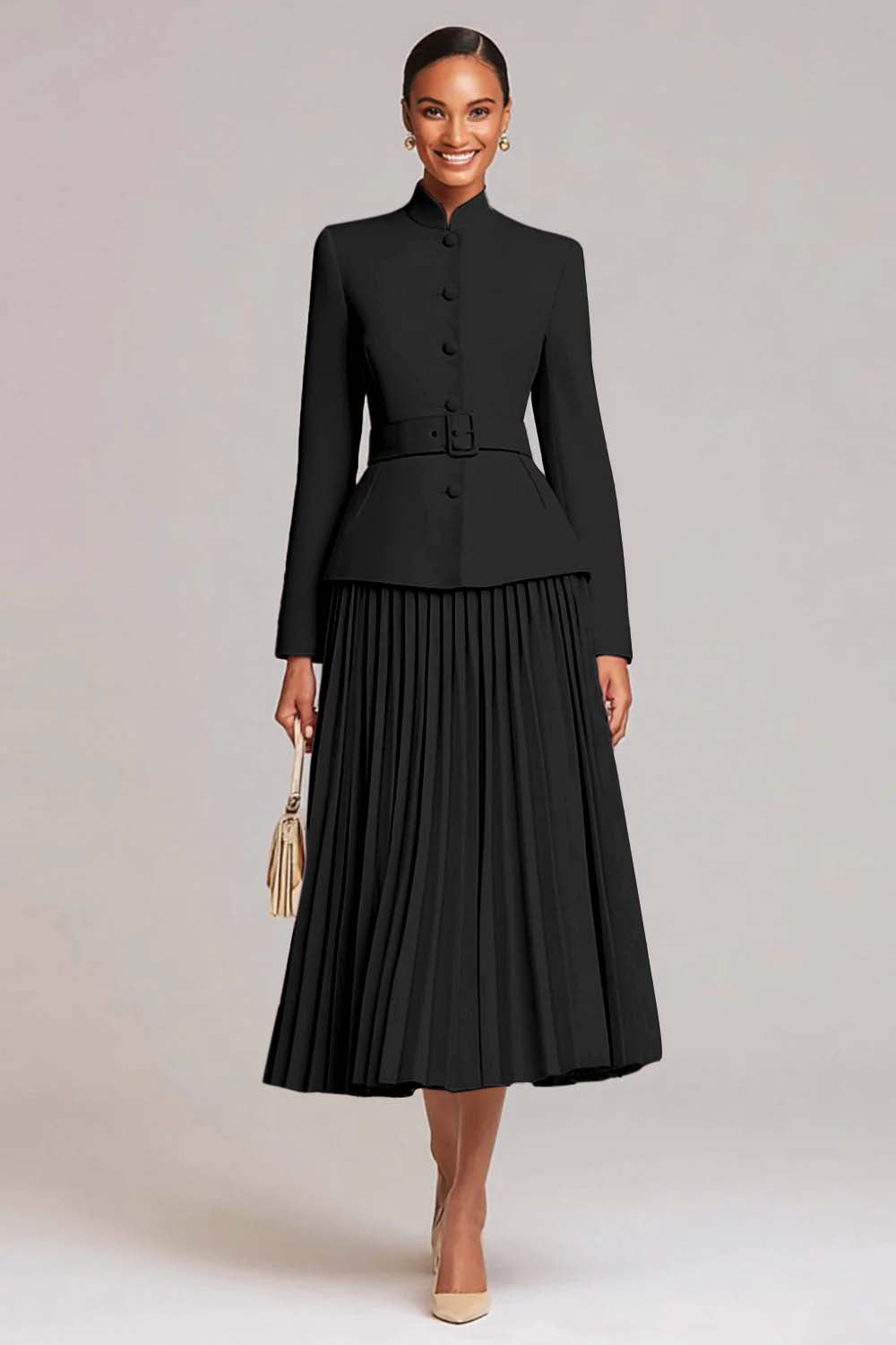 Light Pink Pleated A-Line Single Breasted 2 Piece Work Dress With Belt