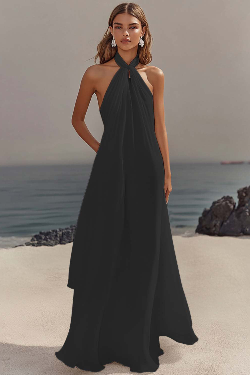 Halter White A-Line Maxi Engagement Dress