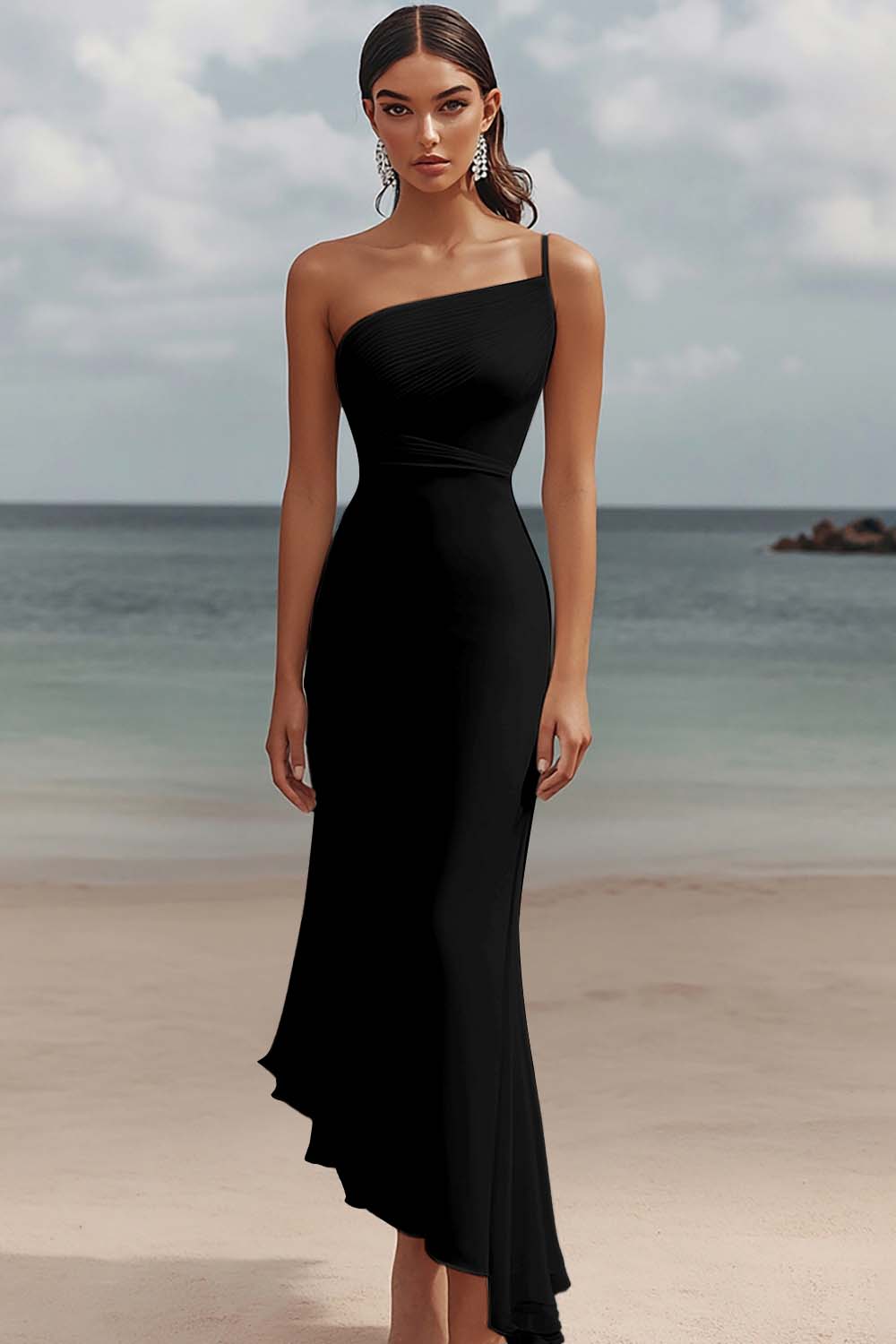 One Shoulder White Asymmetrical Engagement Dress