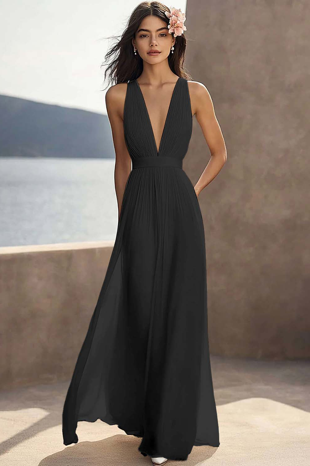 A Line Ivory V-Neck Long Engagement Dress