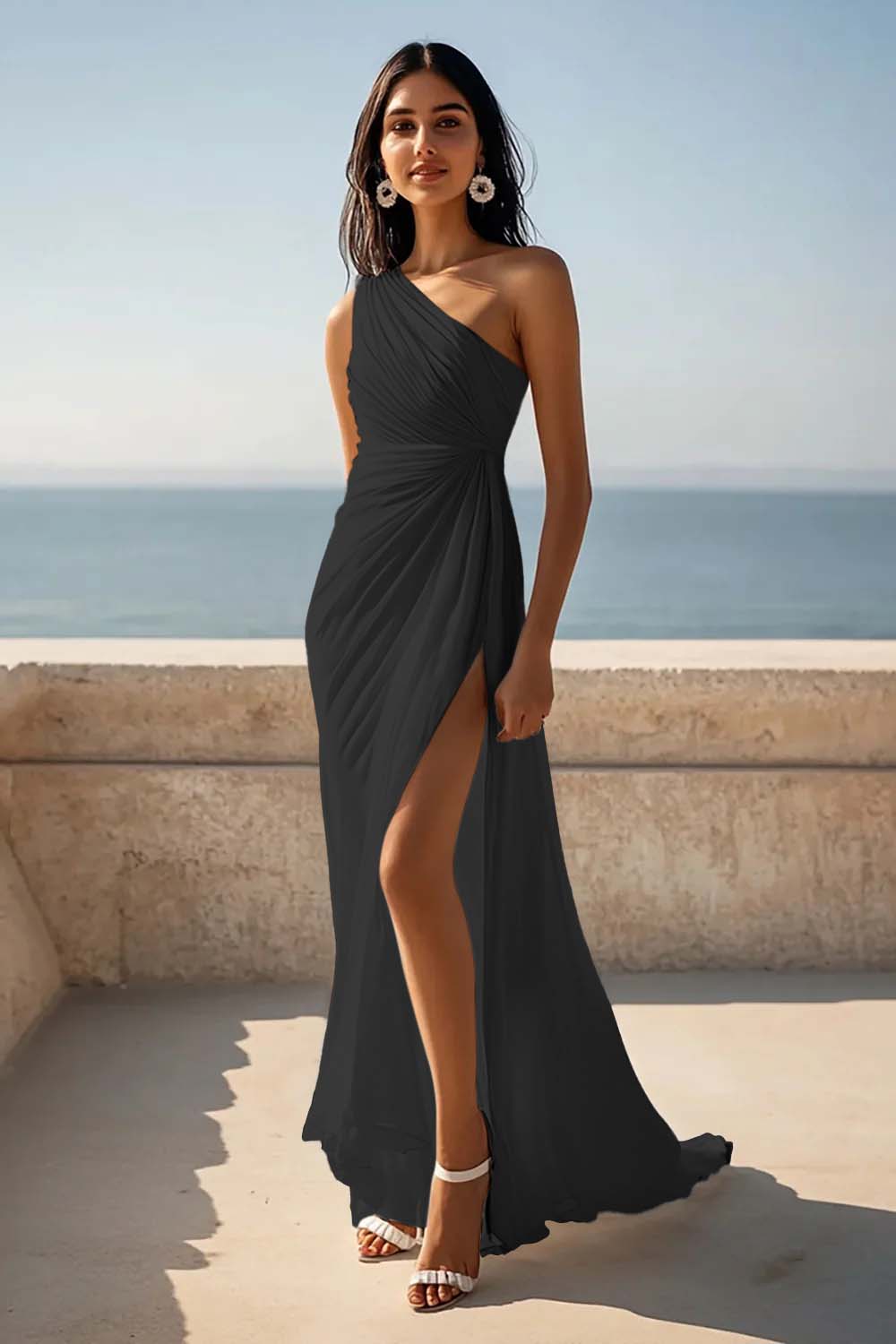 One Shoulder Ivory Engagement Dress with Slit