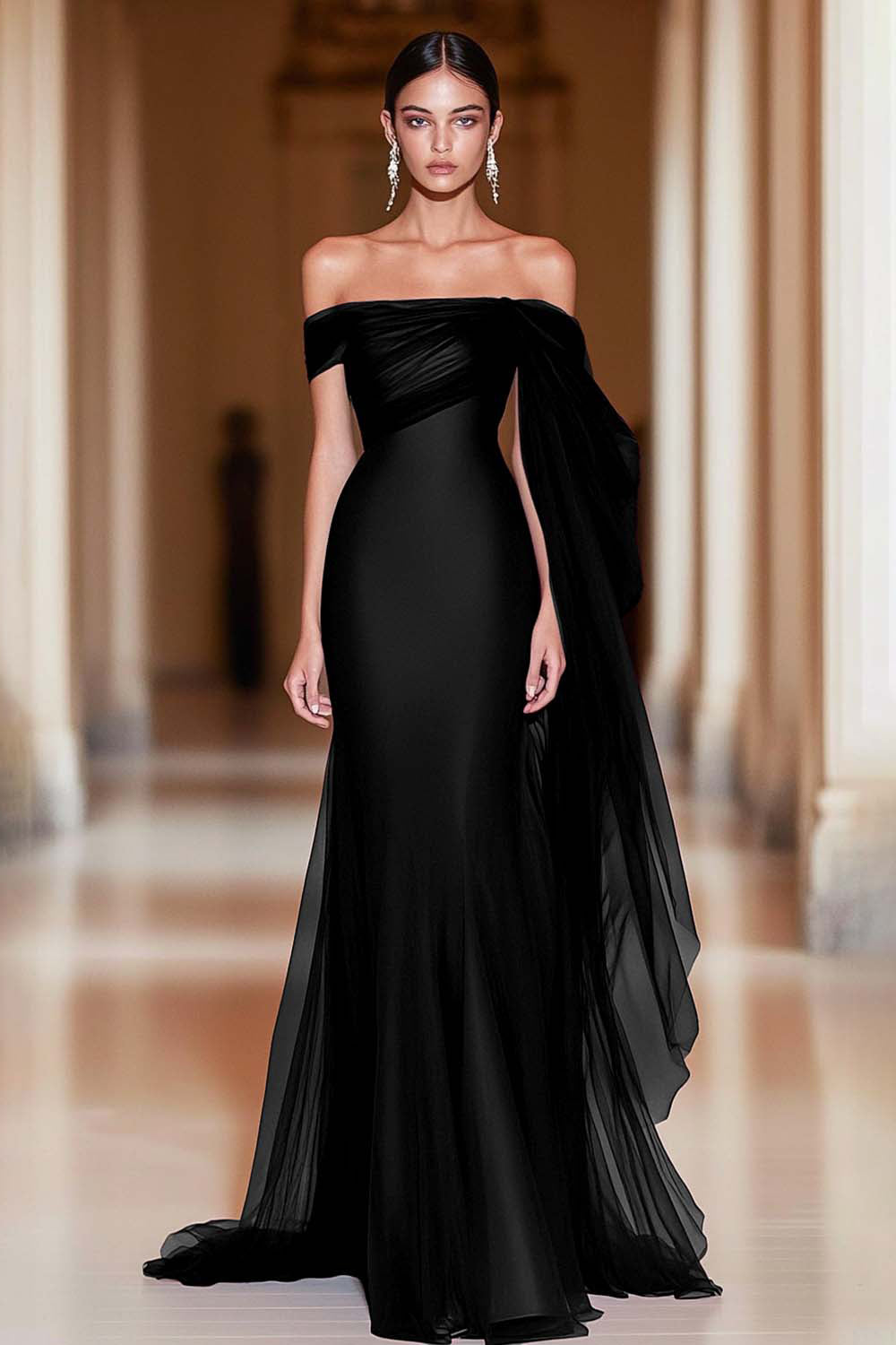 Cabernet Off the Shoulder Mermaid Tulle Long Military Ball Dress
