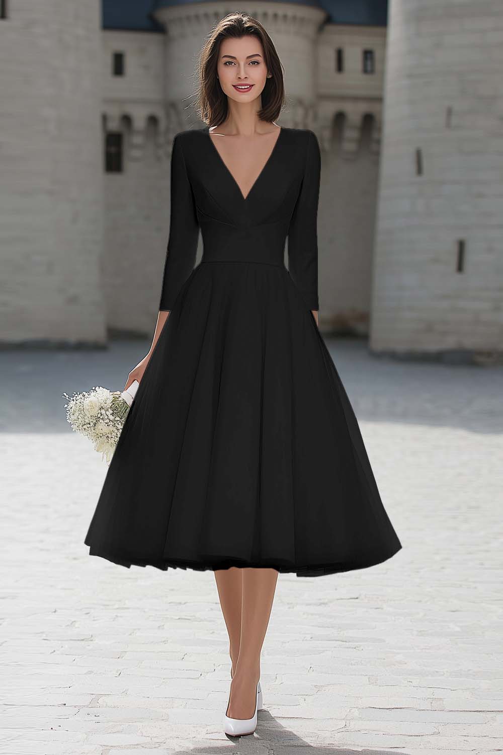 Ivory V-Neck A-Line Satin Engagement Dress With 3/4 Sleeves