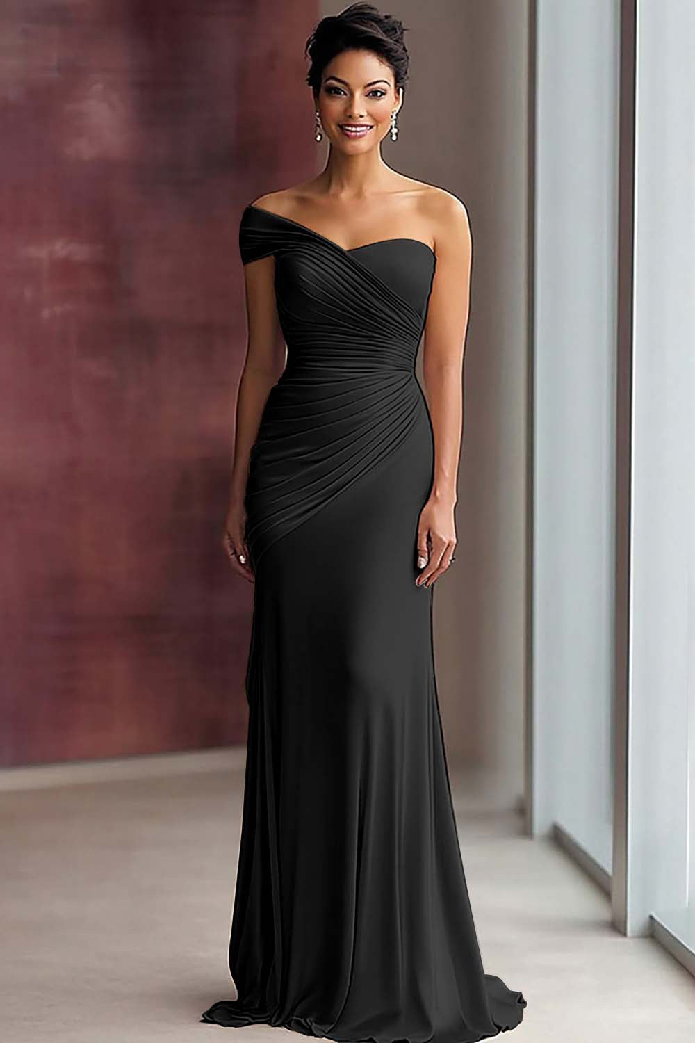 One Shoulder Light Khaki Sheath Pleated Formal Dress
