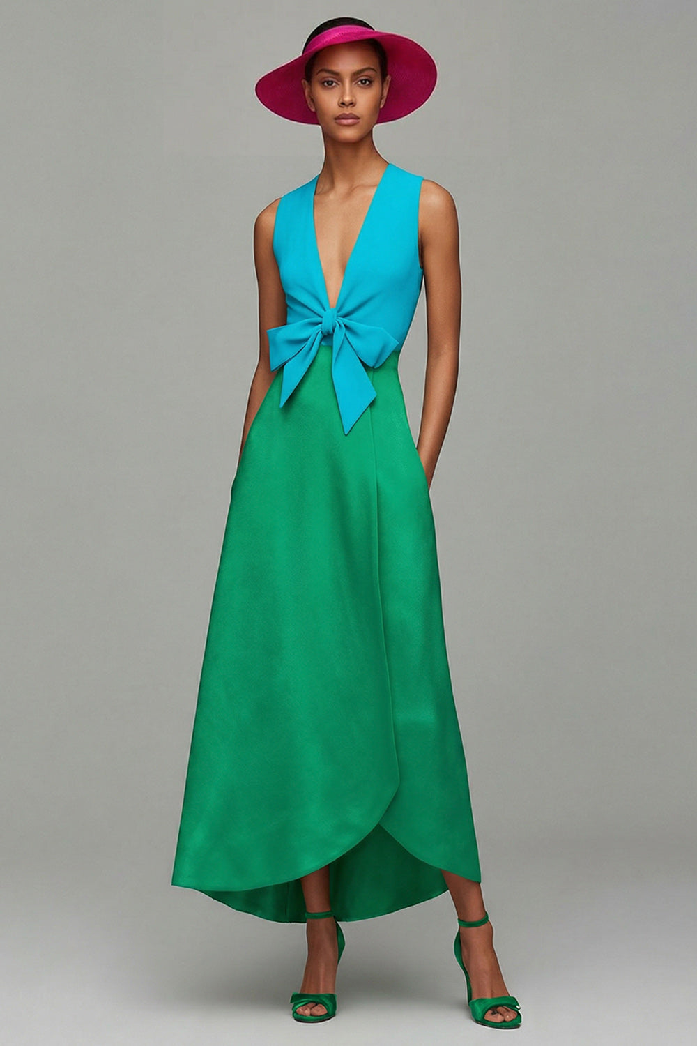Orange and Fuchsia V-Neck A-Line Formal Dress With Bow