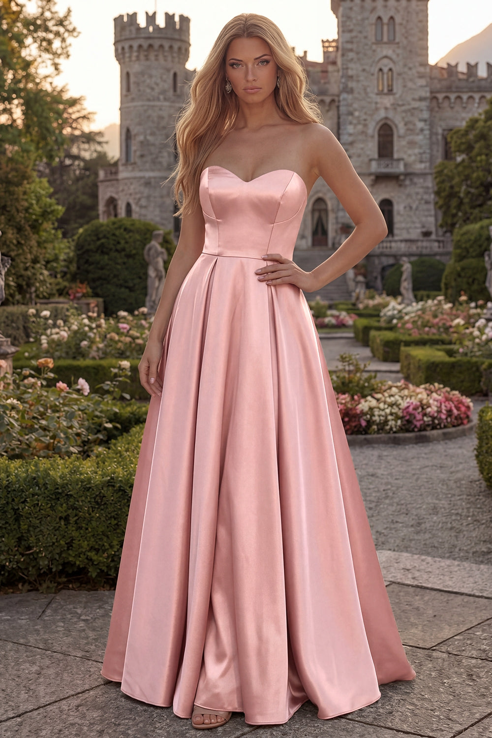 Strapless A Line Satin Fuchsia Maxi Prom Dress