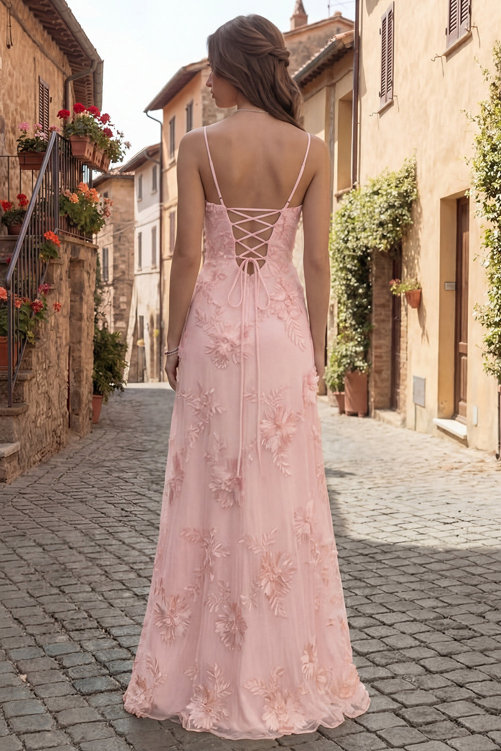 A Line Yellow Appliqued Maxi Prom Dress