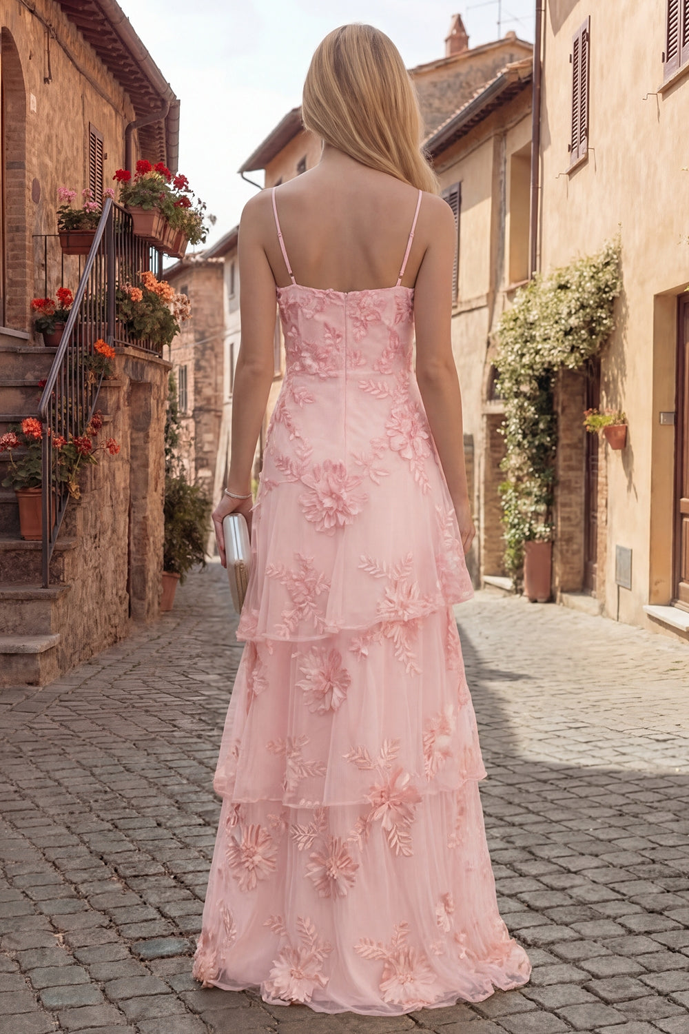 Tiered Appliqued Yellow Maxi Prom Dress