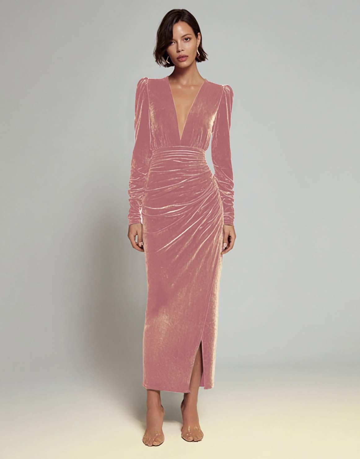 Olive Ruched Sheath Long Sleeve Velvet Formal Dress with Slit