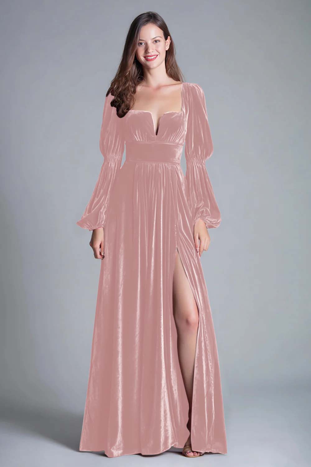 Burgundy A-Line Long Sleeve Velvet Holiday Party Dress With Slit
