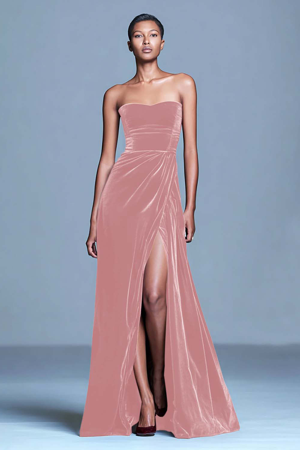 Burgundy Strapless Velvet A Line Formal Dress with Slit