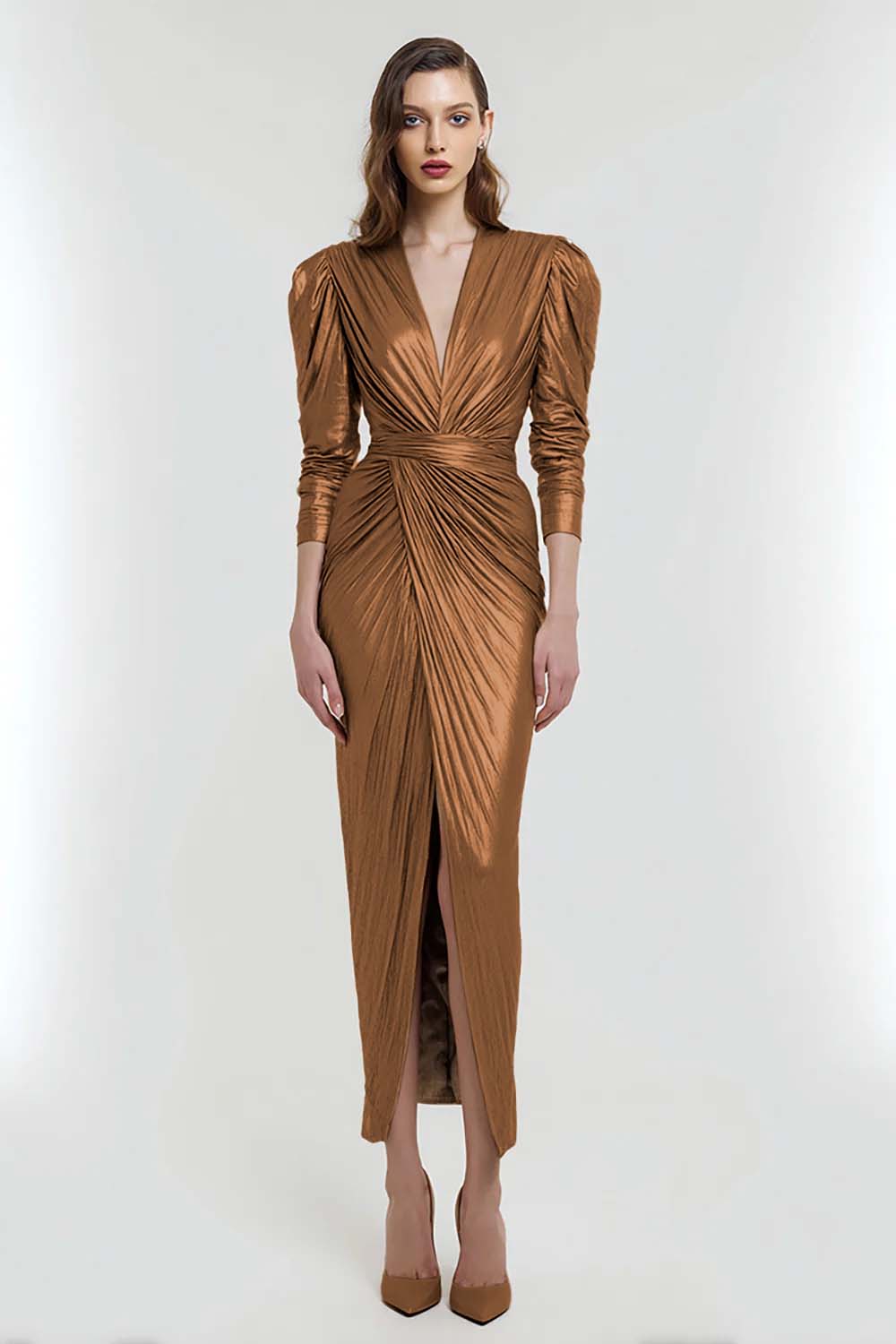 Sheath V-Neck Ruched Light Gold Formal Dress With Slit