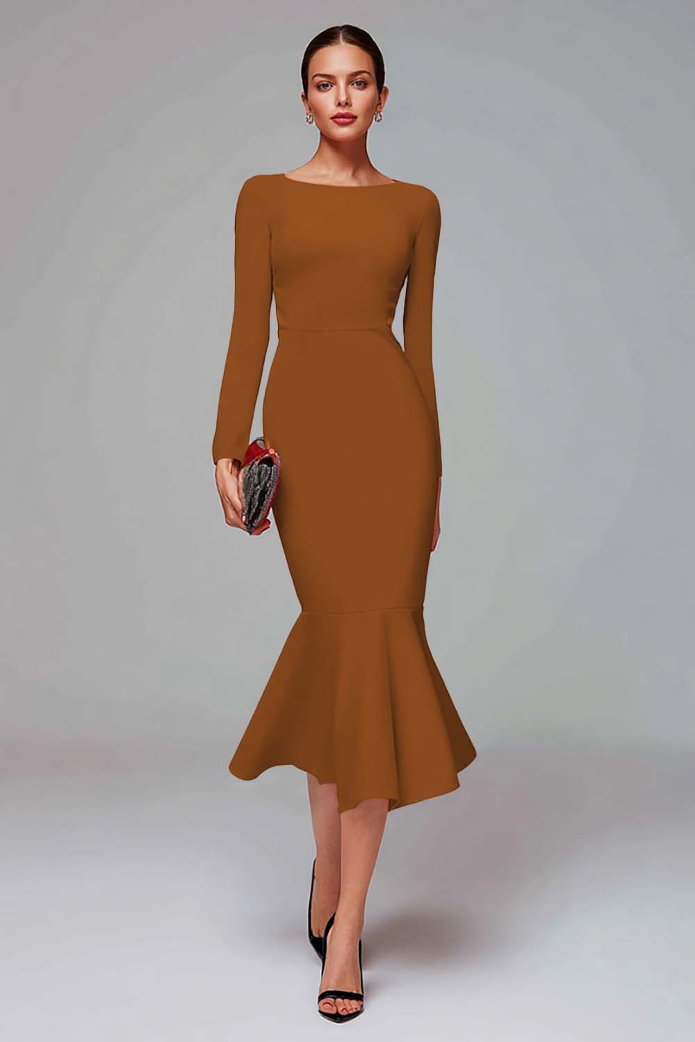 Red Mermaid Long Sleeve Midi Work Dress