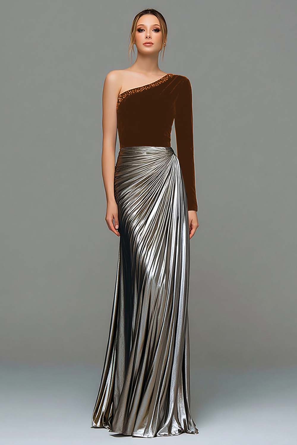 Black and Grey Asymmetrical Neck Ruched Formal Dress