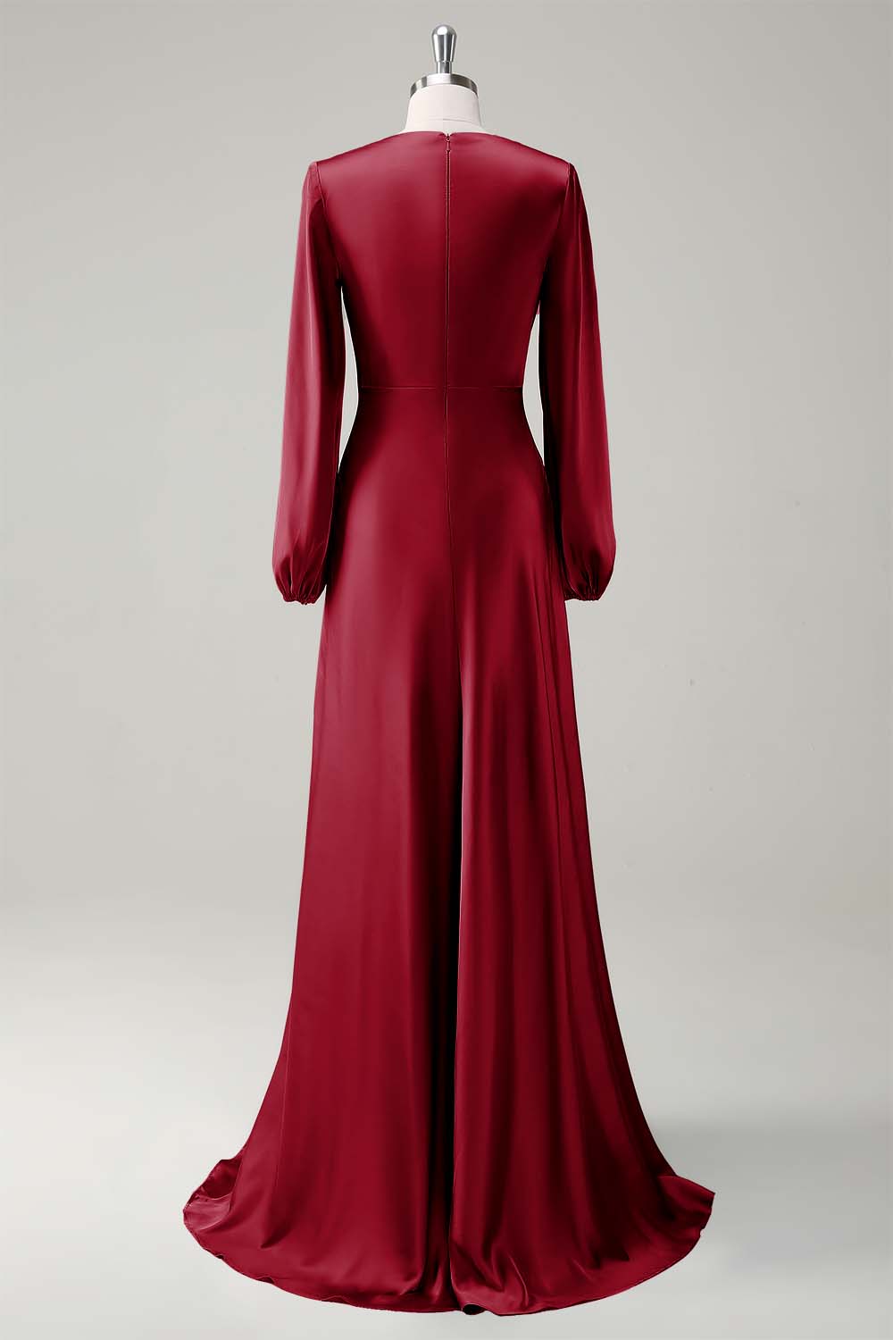Eucalyptus Satin Round Neck Modest Bridesmaid Dress with Long Sleeves