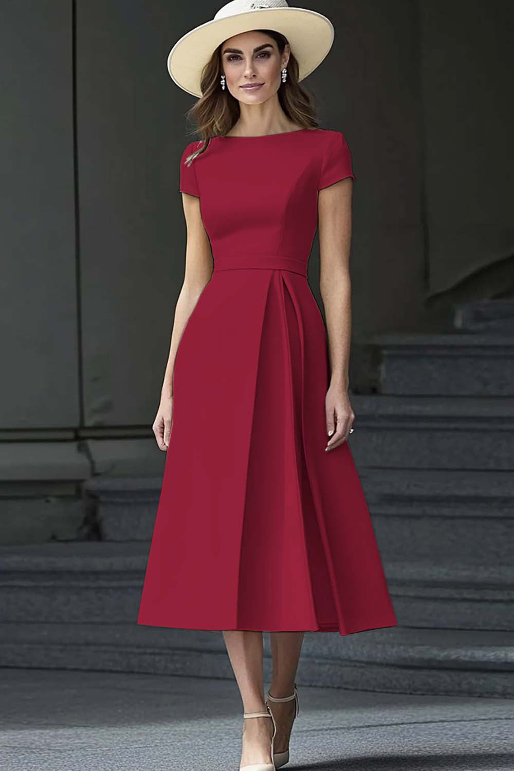 Yellow A Line Round Neck Midi Mother of the Bride Dress