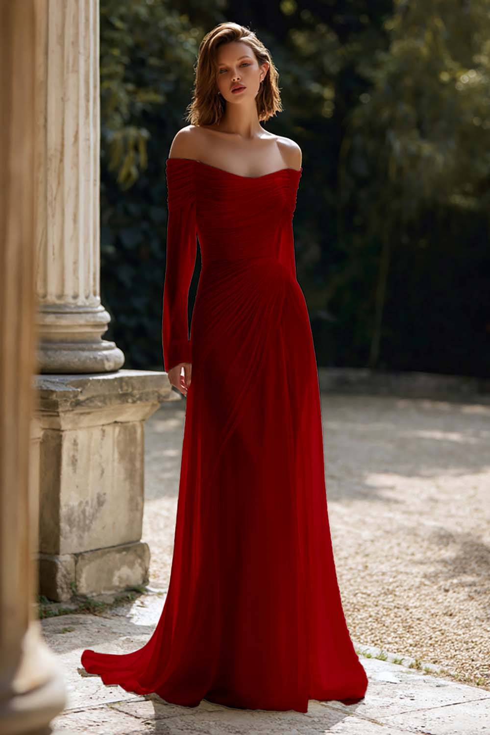 Ivory Ruched Long Sleeve Off The Shoulder Engagement Dress