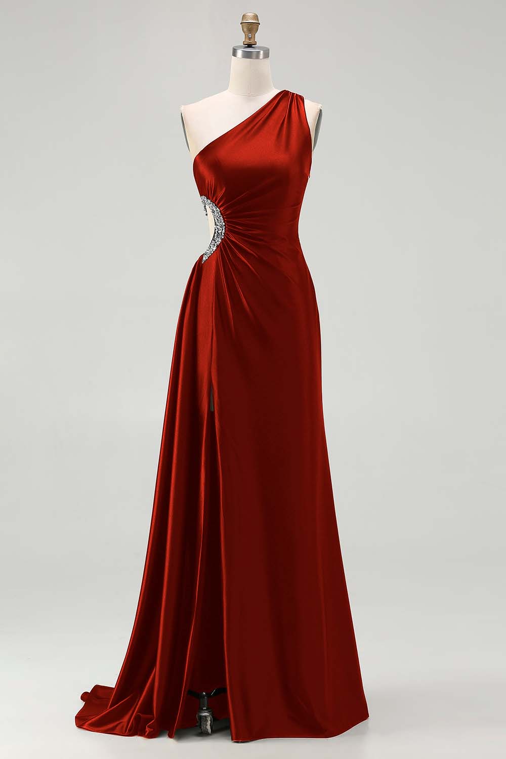 One Shoulder Cut Out Satin Black Tie Dress With Slit