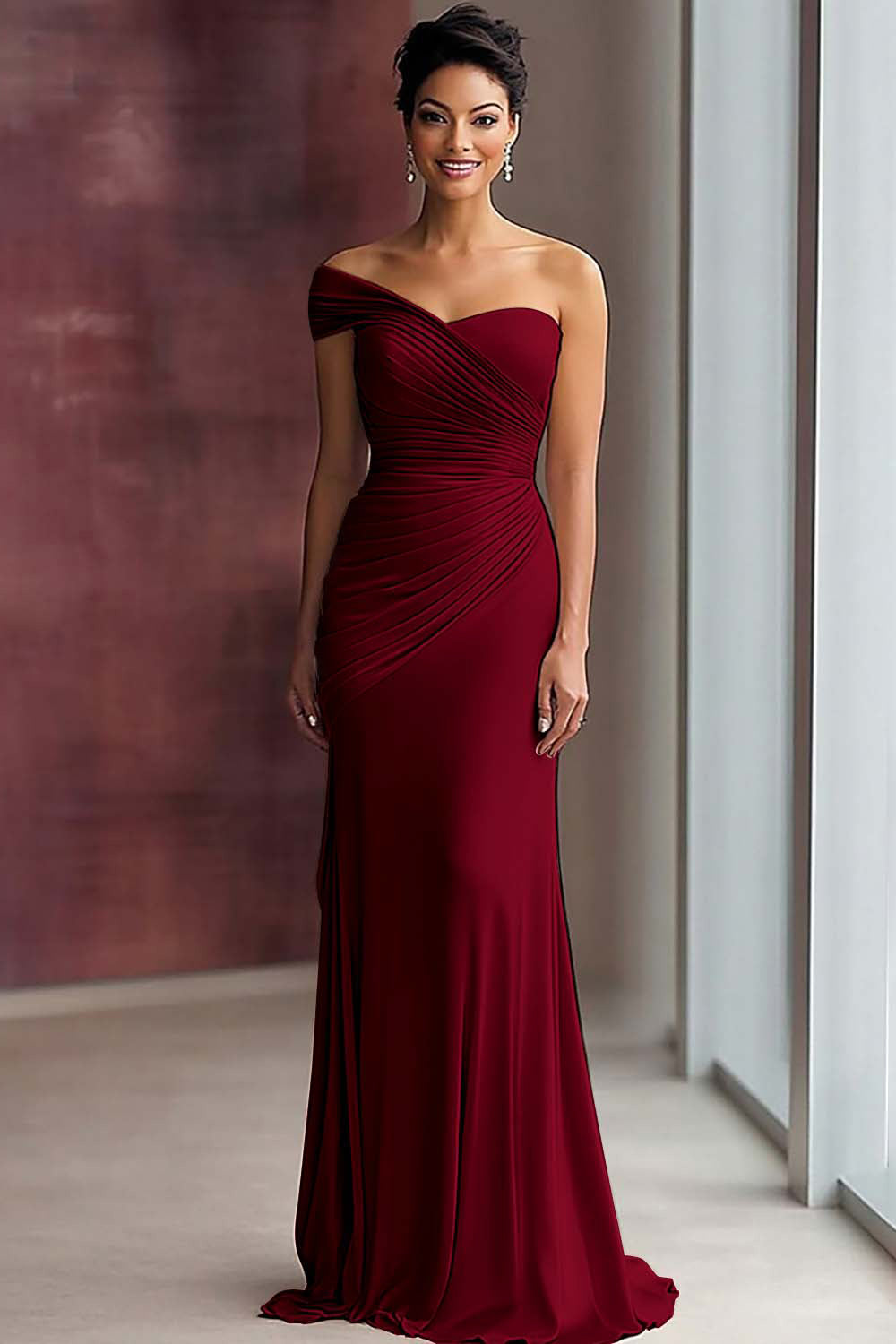 One Shoulder Light Khaki Sheath Pleated Formal Dress