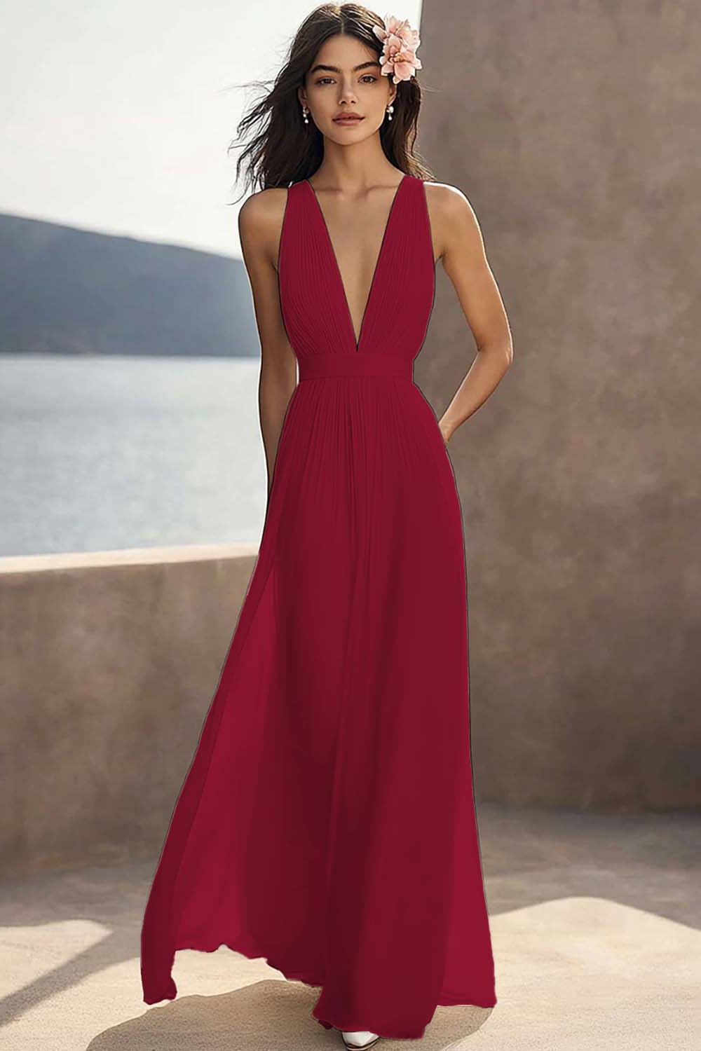 A Line Ivory V-Neck Long Engagement Dress