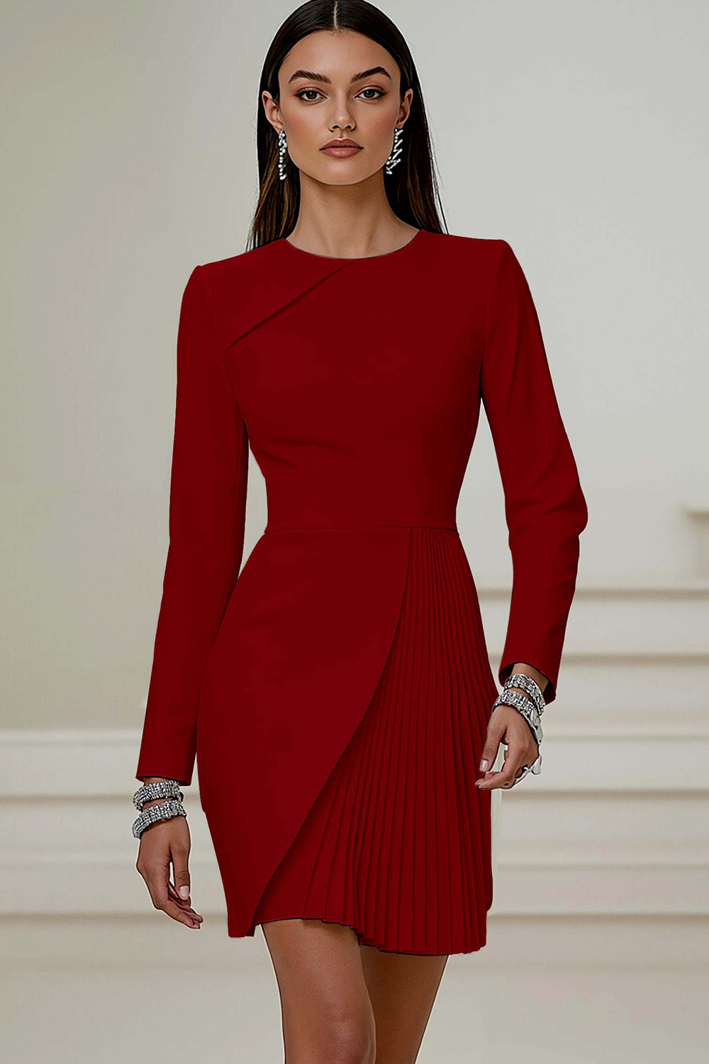 Pencil Pleated Ivory Work Dress With Long Sleeves