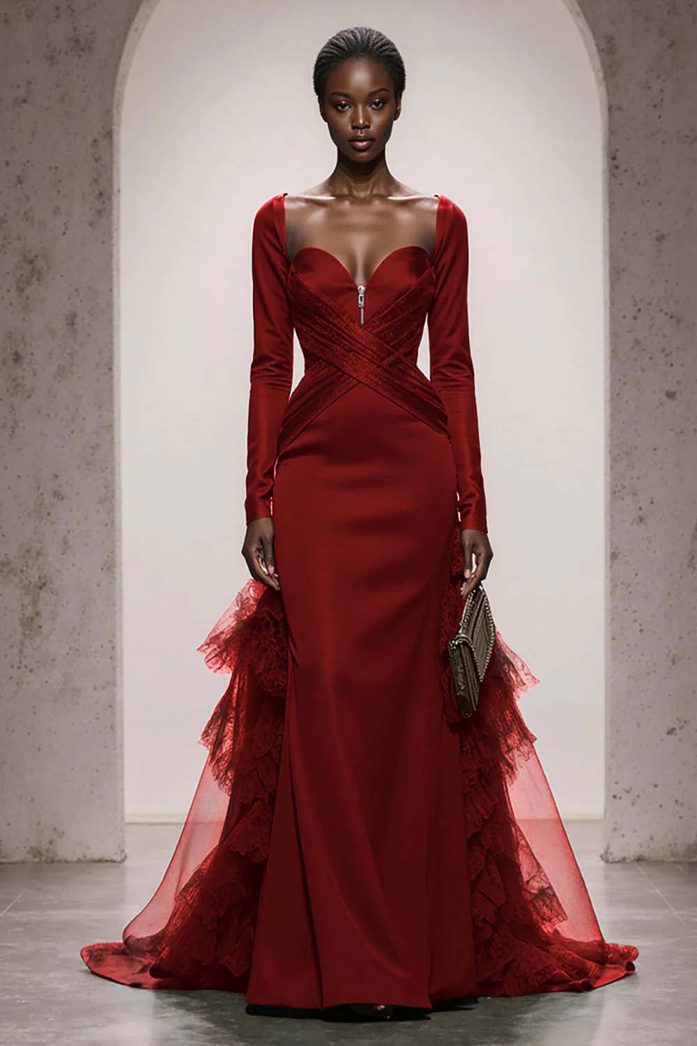 Dark Green Satin Mermaid Evening Dress With Long Sleeves