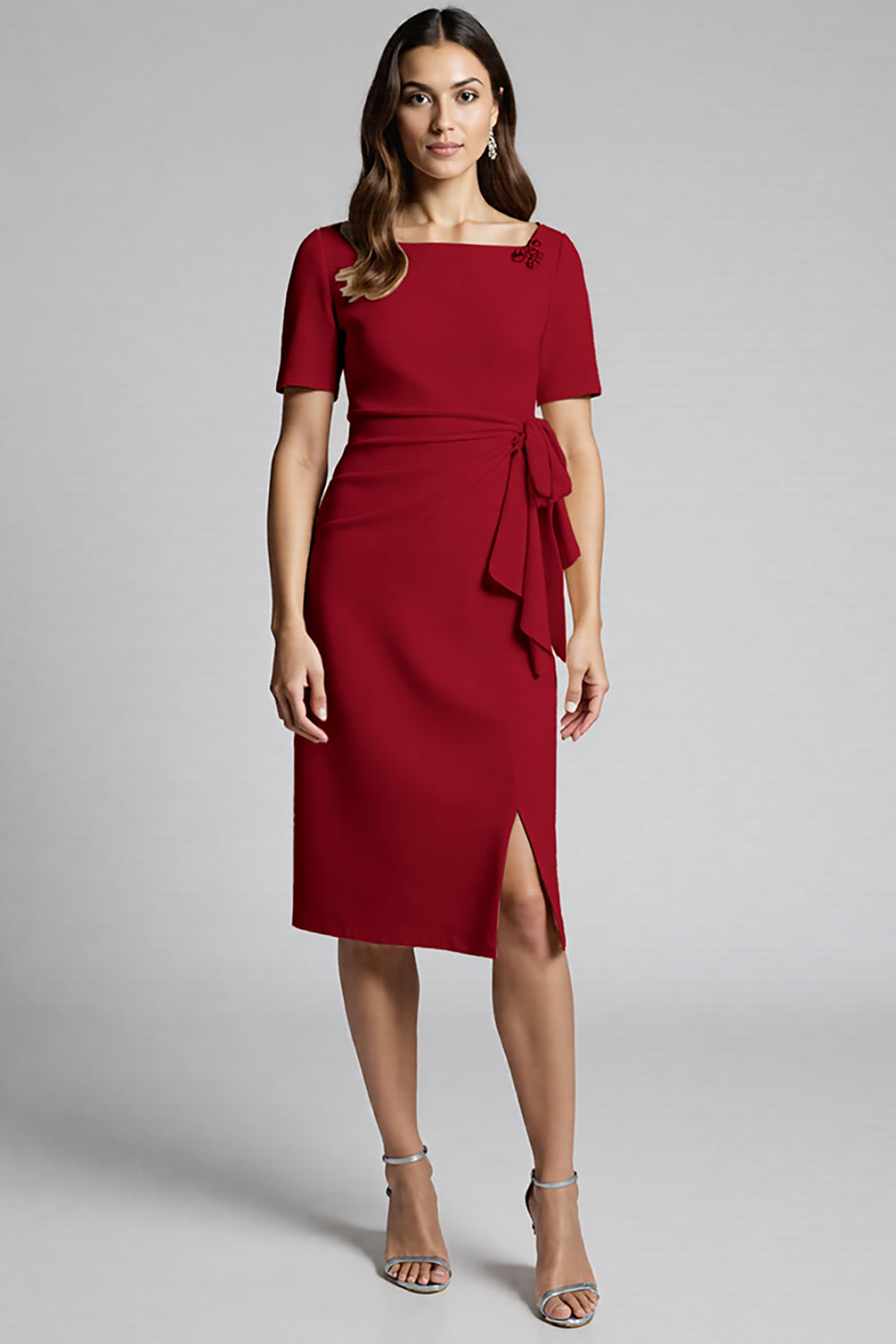 Ruffled Champagne Sheath Midi Dress with Slit