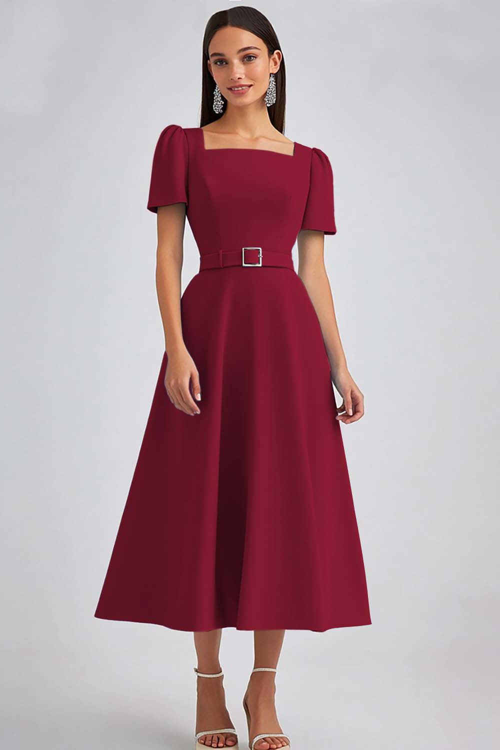 A Line Sky Blue Square Neck Midi Work Dress with Belt