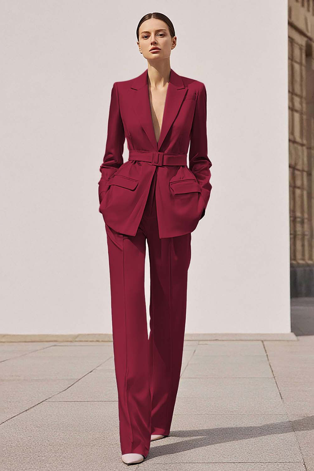 Lilac 2-Piece Peak Lapel Business Suit with Belt