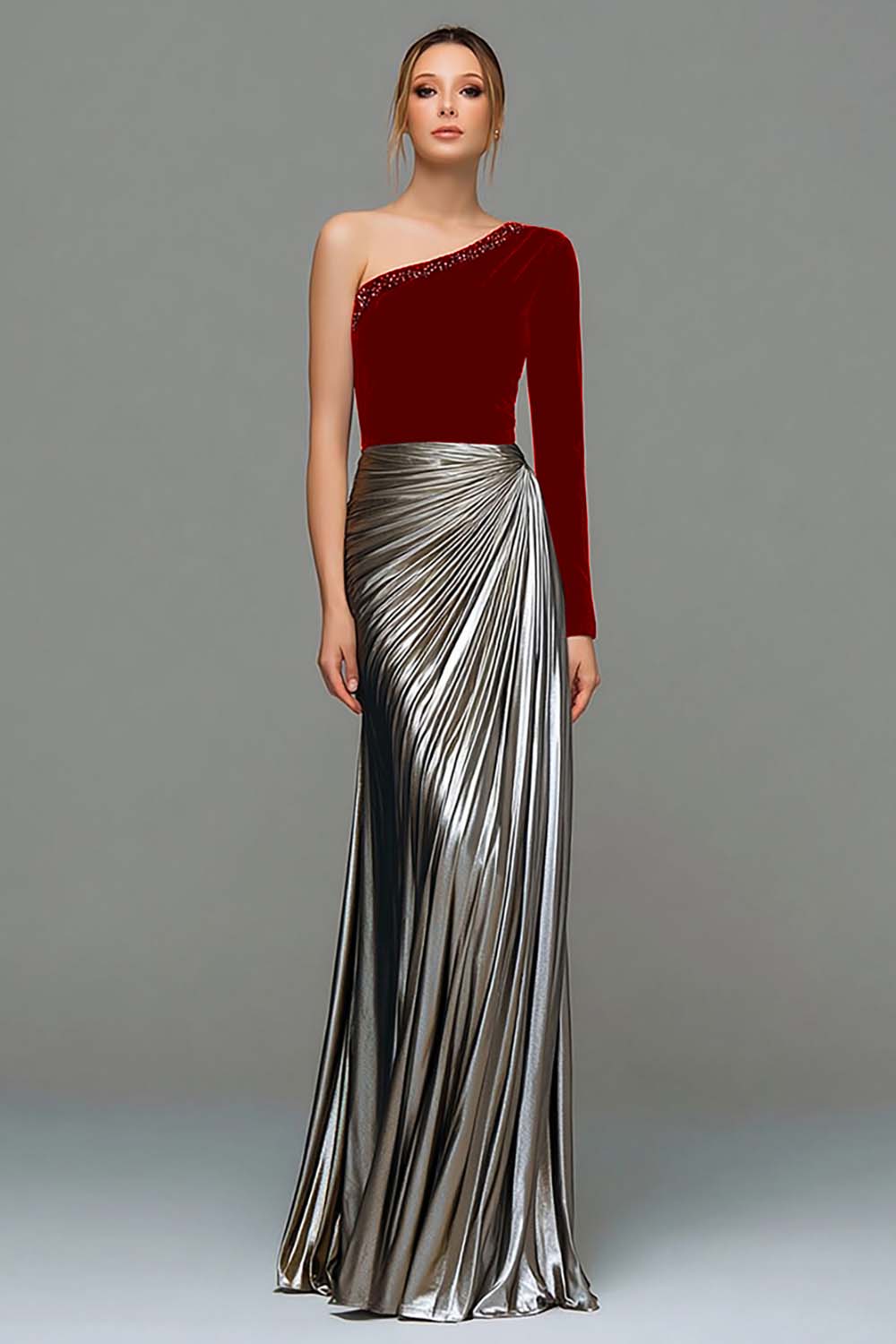 Black and Grey Asymmetrical Neck Ruched Formal Dress