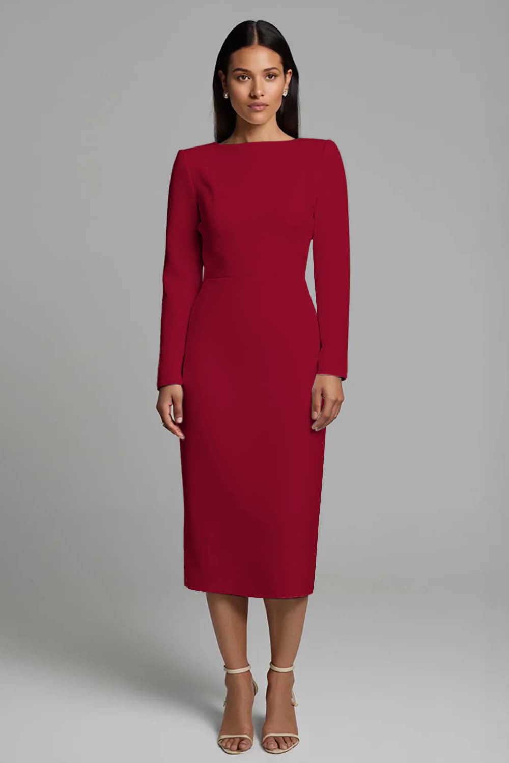 Ivory Sheath Long Sleeve Midi Work Dress with Slit