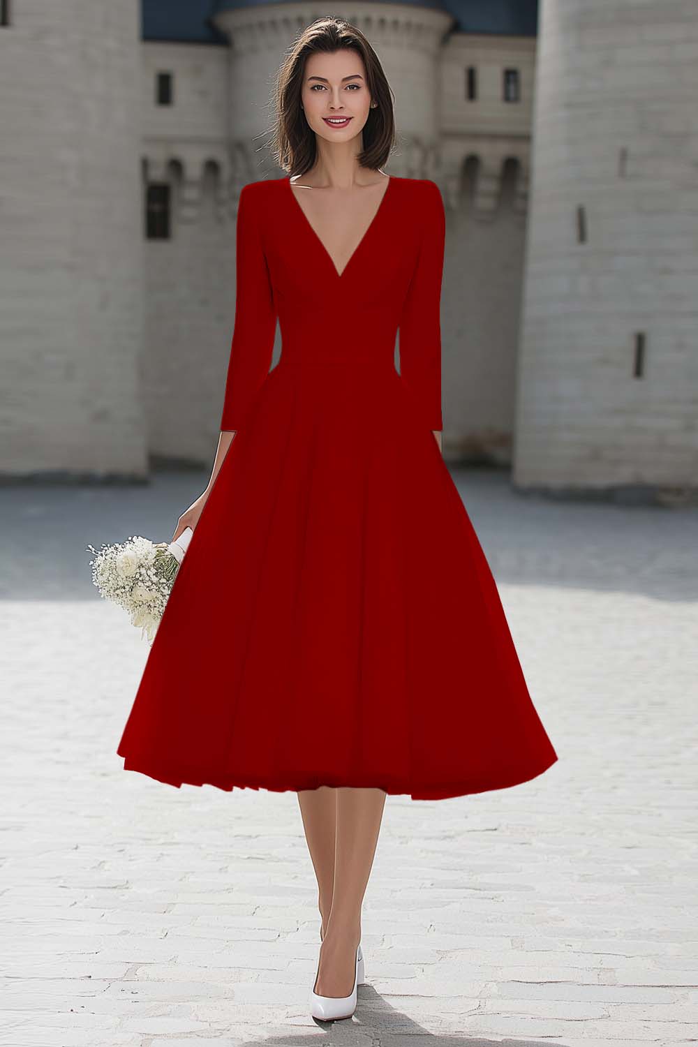 Ivory V-Neck A-Line Satin Engagement Dress With 3/4 Sleeves