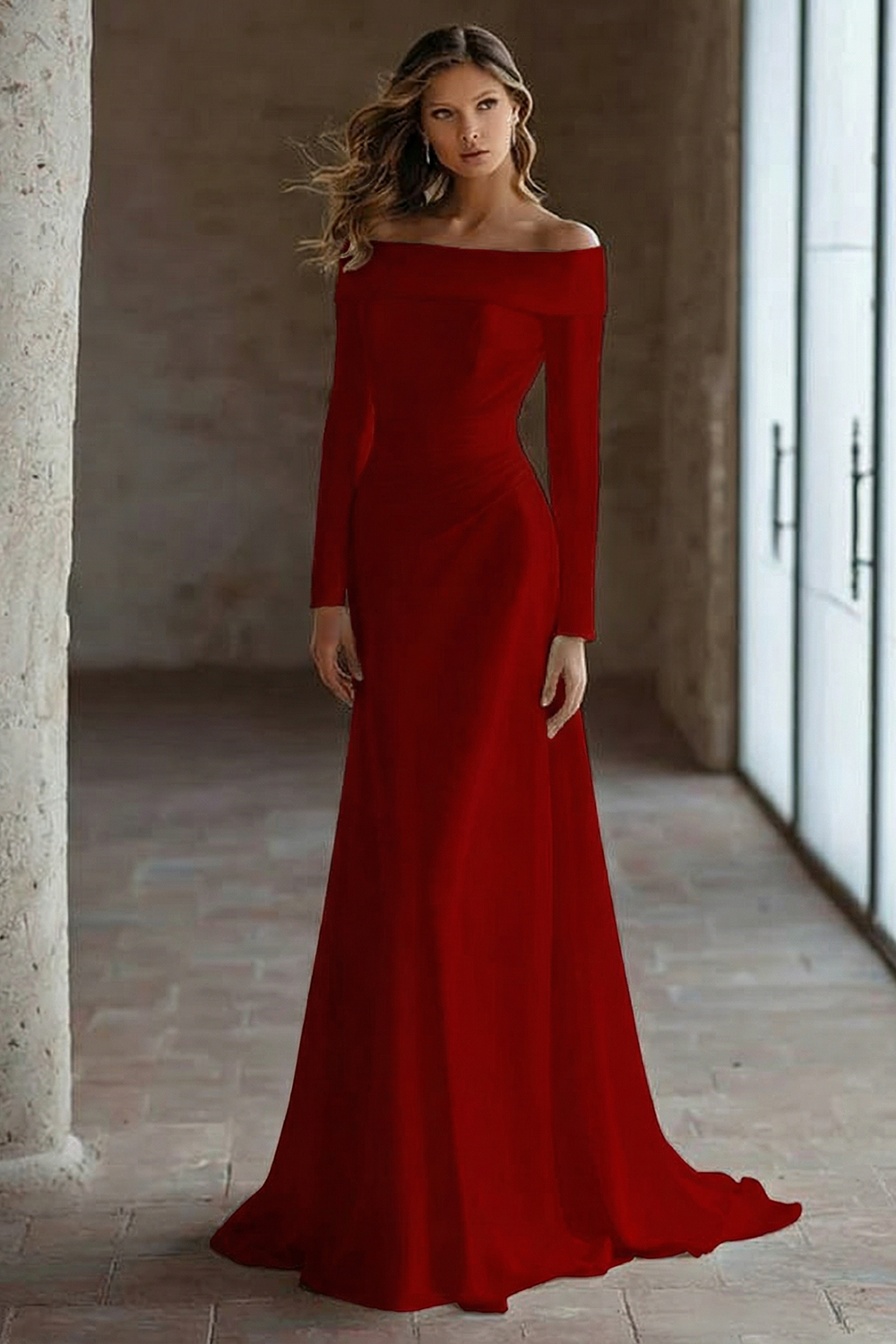 Off The Shoulder Ivory Engagement Dress With Long Sleeves