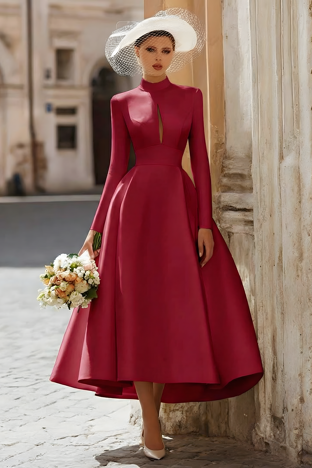 Satin A-Line Ivory Cut Out Midi Wedding Dress