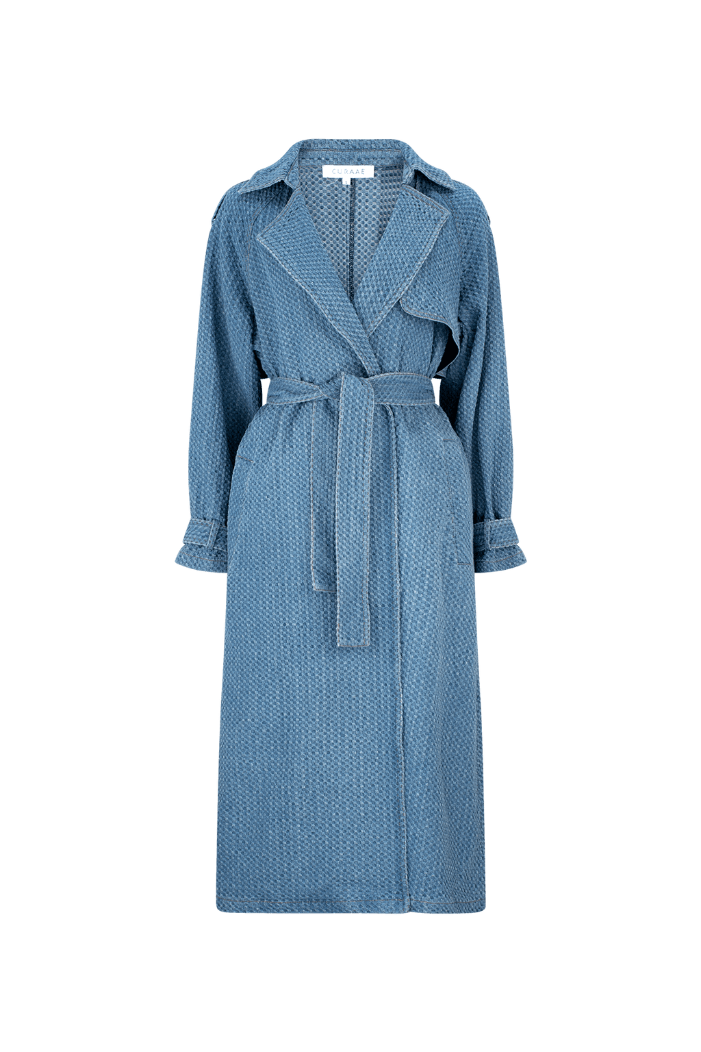 CURAAE Aurora Long Denim Textured Tie Trench