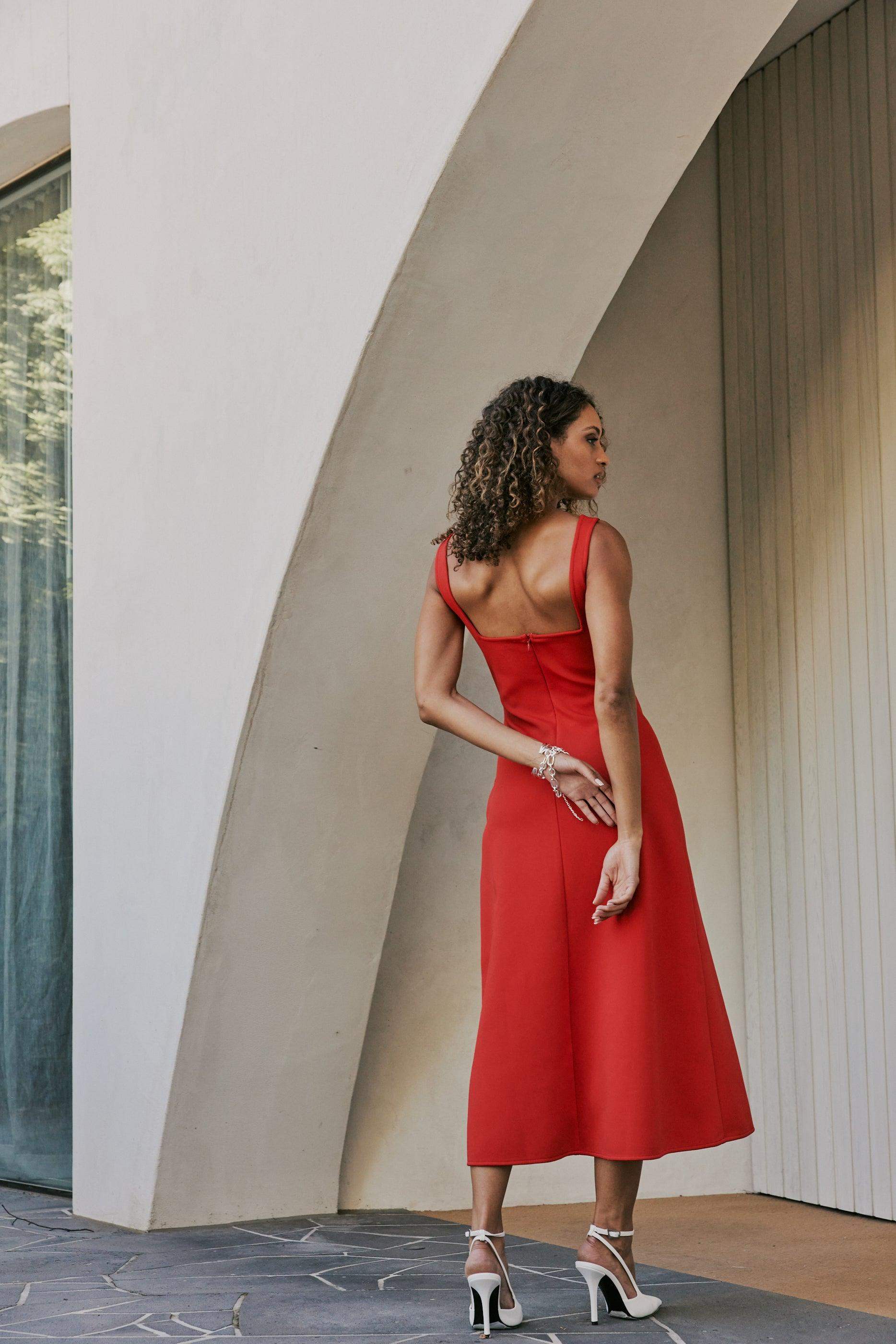 CURAAE Mia Midi Dress In Cherry Red