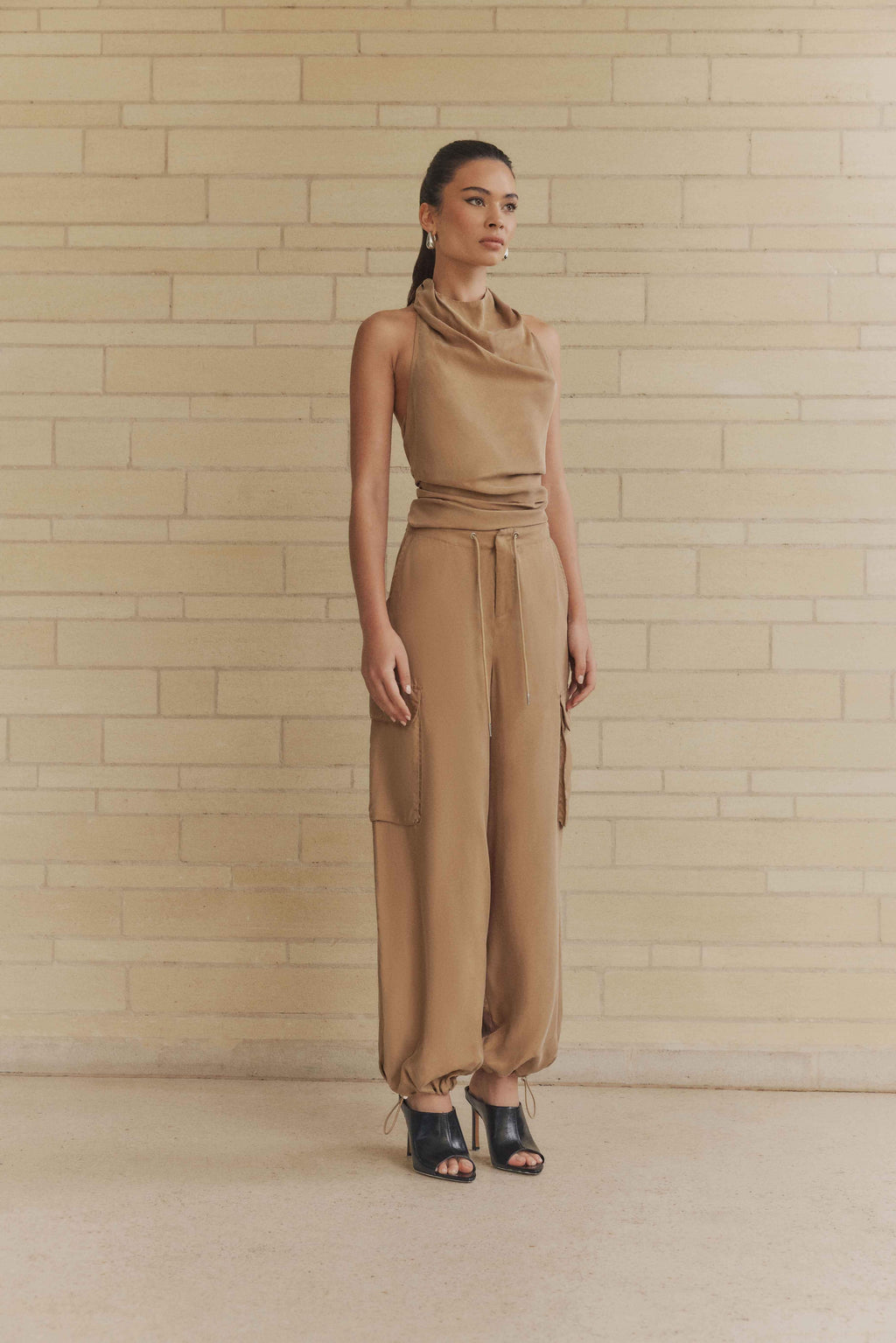 CURAAE Amber Tie Back Halter Cowl Neck Top in Beige