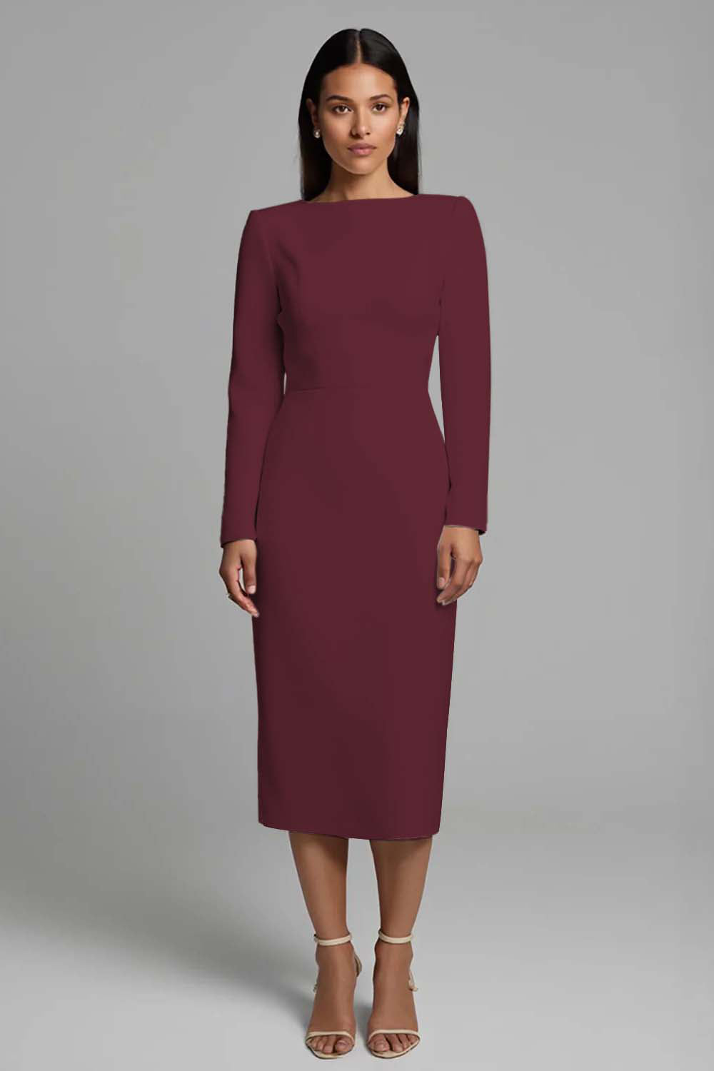Ivory Sheath Long Sleeve Midi Work Dress with Slit