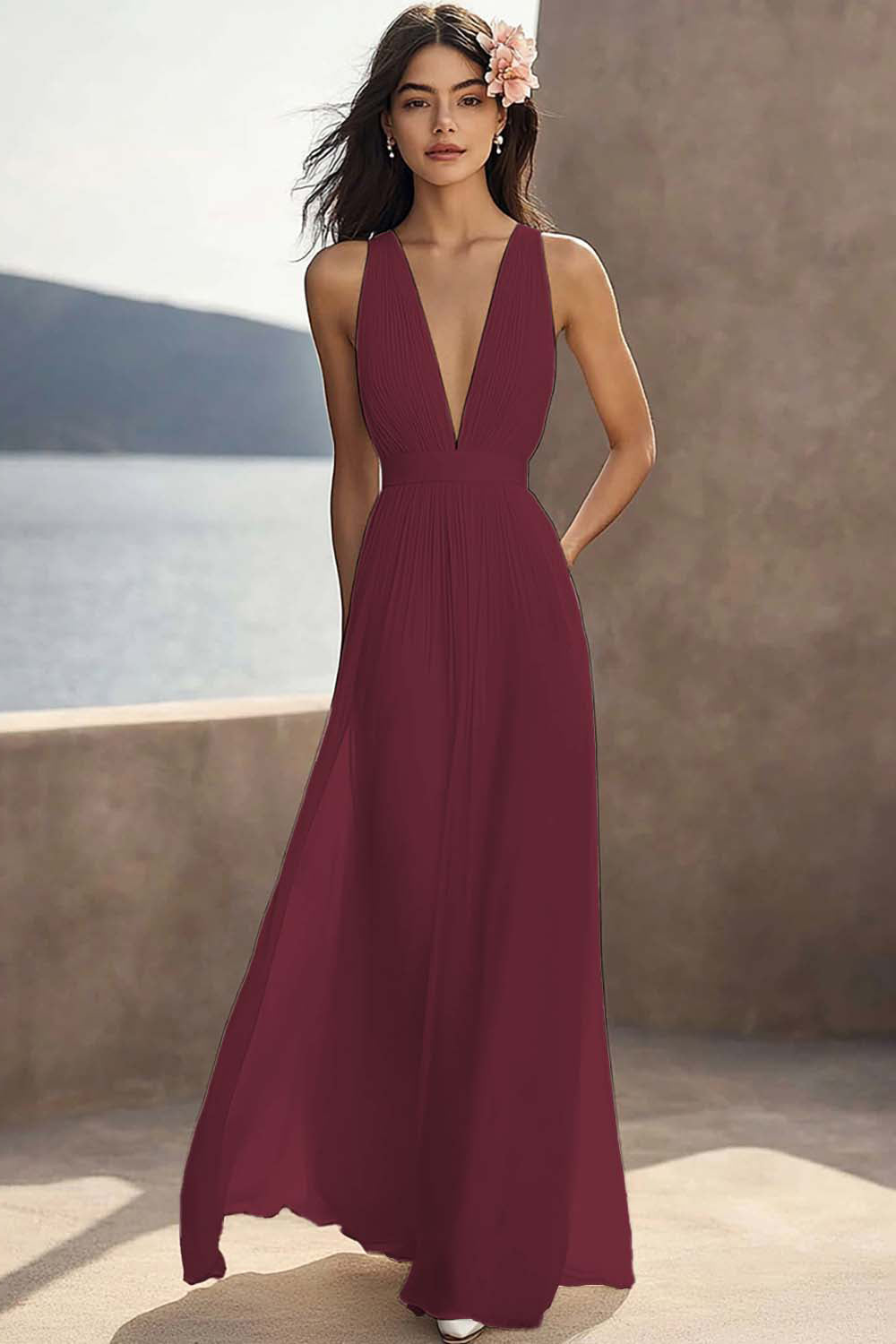 A Line Ivory V-Neck Long Engagement Dress