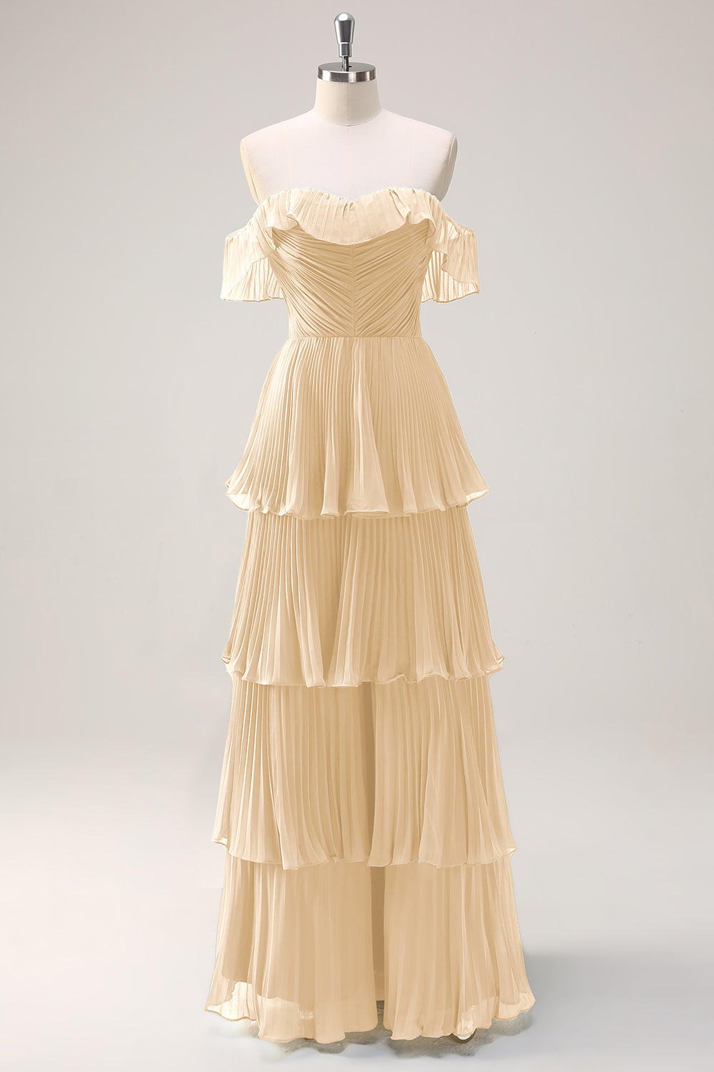 Eucalyptus Tiered A Line Pleated Off the Shoulder Bridesmaid Dress