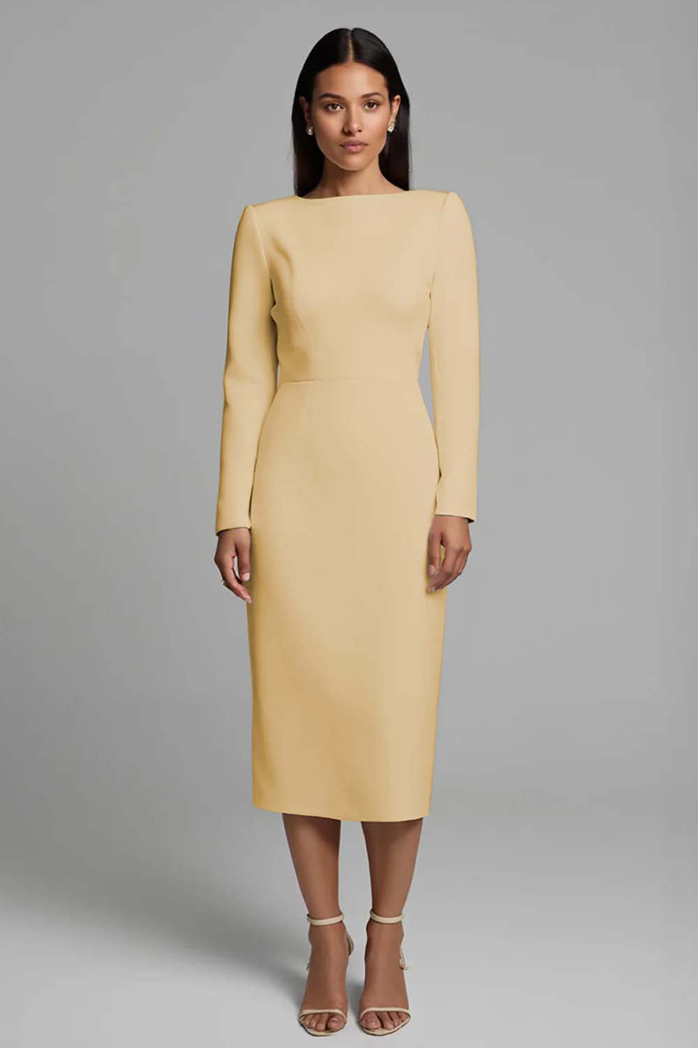 Ivory Sheath Long Sleeve Midi Work Dress with Slit