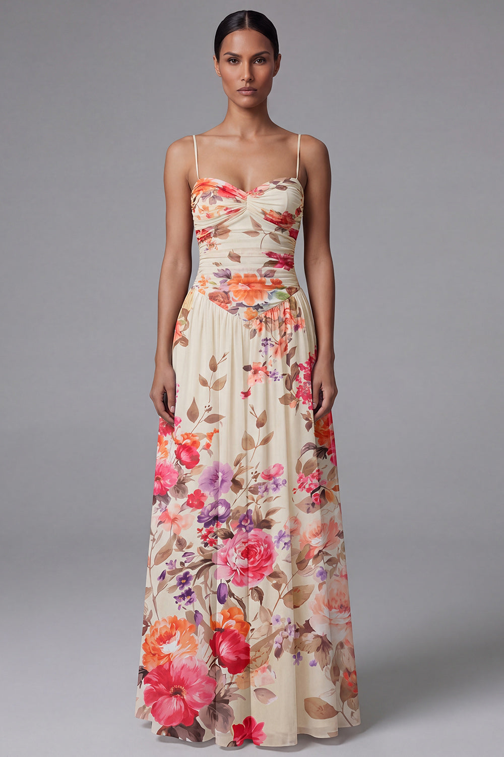 Black A Line Printed Ruched Maxi Formal Dress